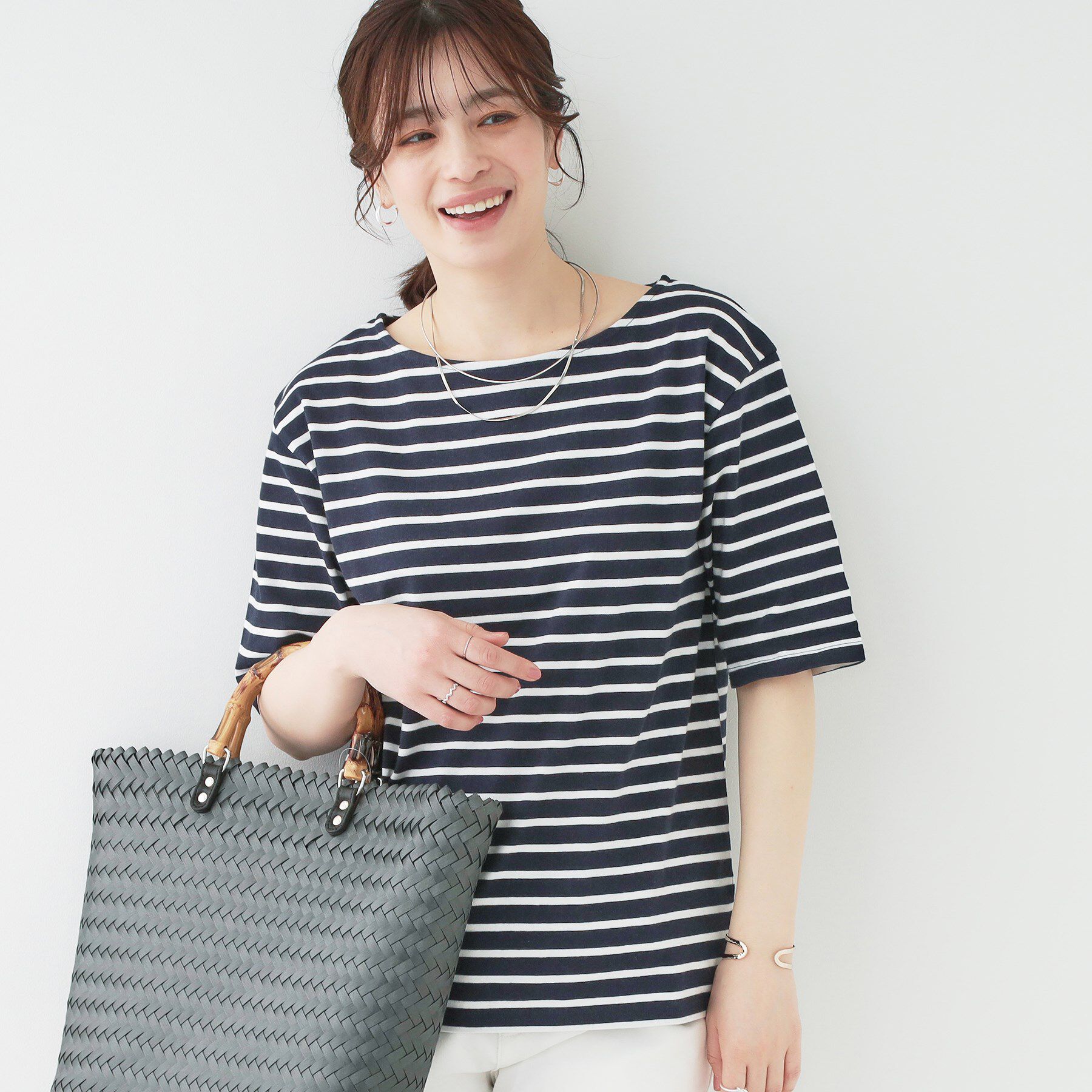 SHOO･LA･RUE「【洗える/S-LL/綿100％】5分袖ボートネックトップス」|Tシャツ・カットソー|ネイビー(394)