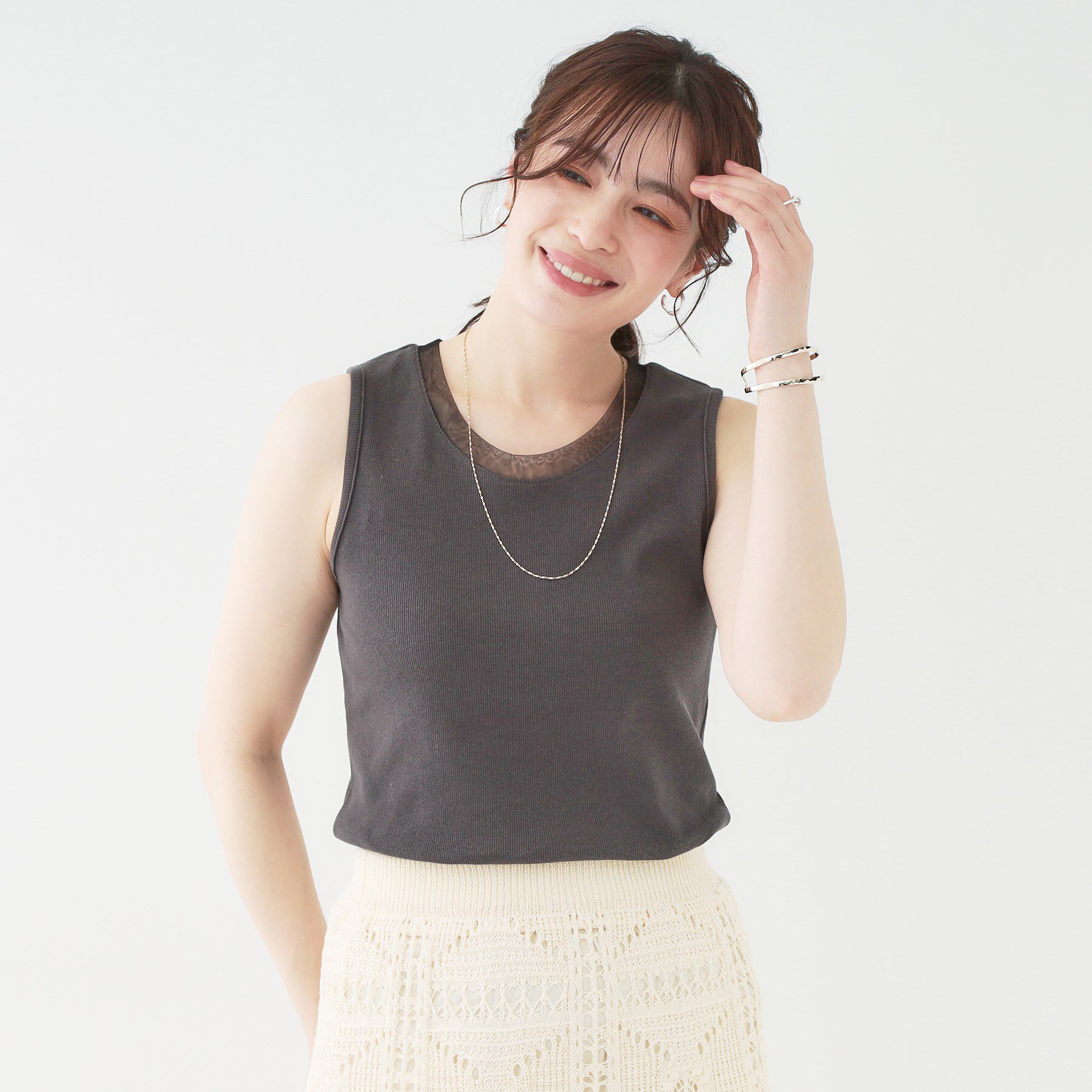 SHOO･LA･RUE「【洗える/S-LL】シアーネックがこなれ見え リブタンクトップ」|Tシャツ・カットソー|