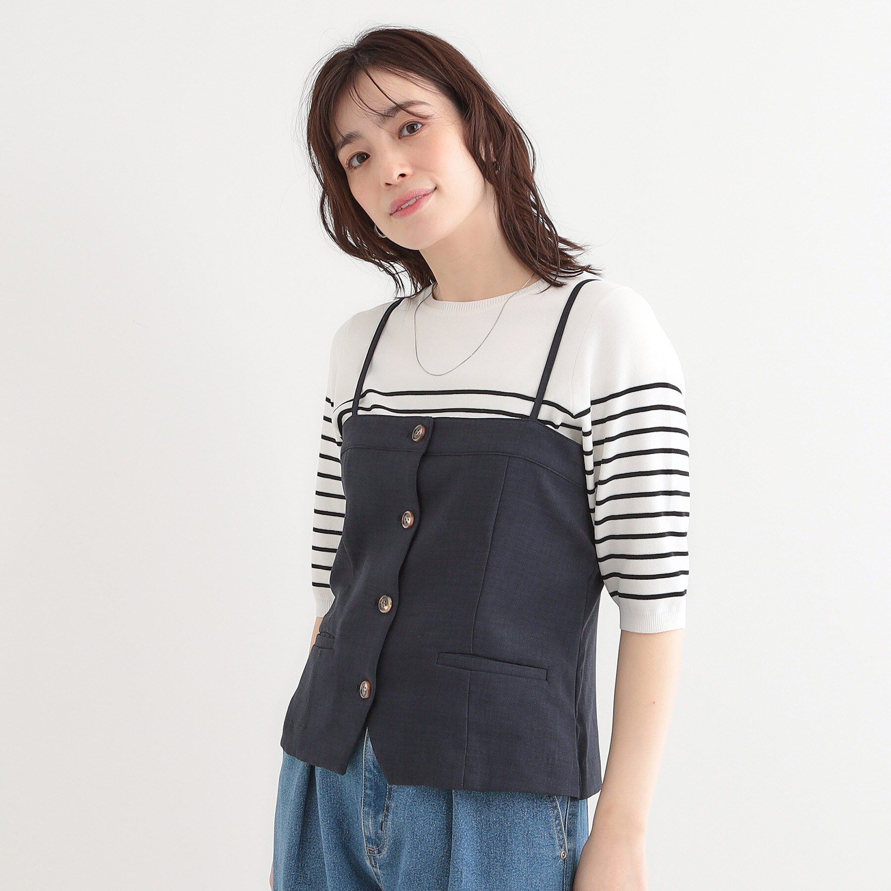 SHOO･LA･RUE「【セットアップ可】コーデが華やぐ 大人の麻調キャミビスチェ」|ベスト・ジレ|