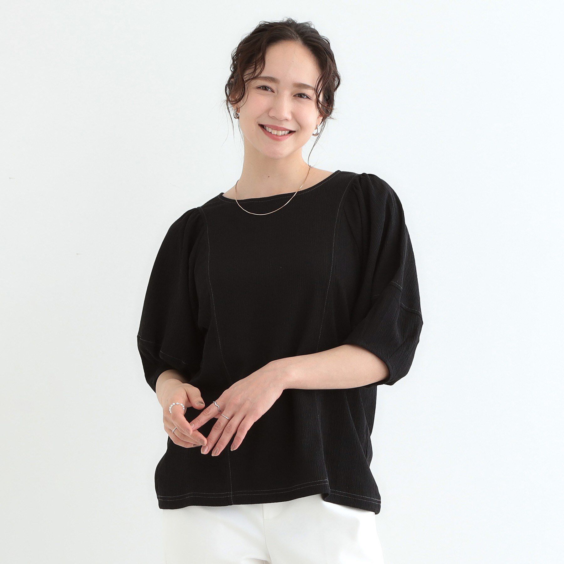 SHOO･LA･RUE「【洗える/S-LL/UV】 配色ステッチがアクセント 大人のデザイントップス」|Tシャツ・カットソー|