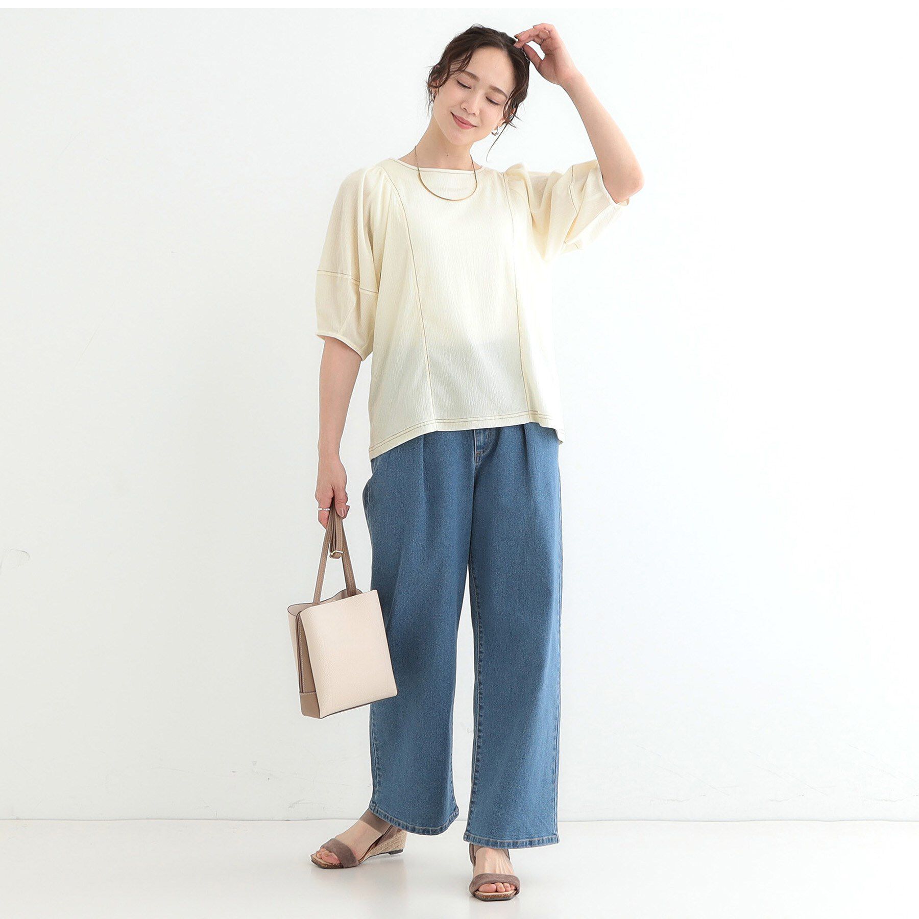 SHOO･LA･RUE「【洗える/S-LL/UV】 配色ステッチがアクセント 大人のデザイントップス」|Tシャツ・カットソー|