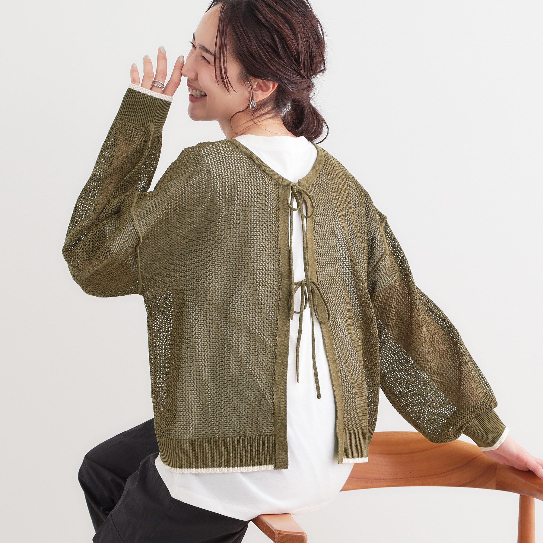 SHOO･LA･RUE「【S-LL/2点セット】前後2WAYで着られるメッシュニット＋ロゴTシャツ」|その他|オリーブグリーン(0