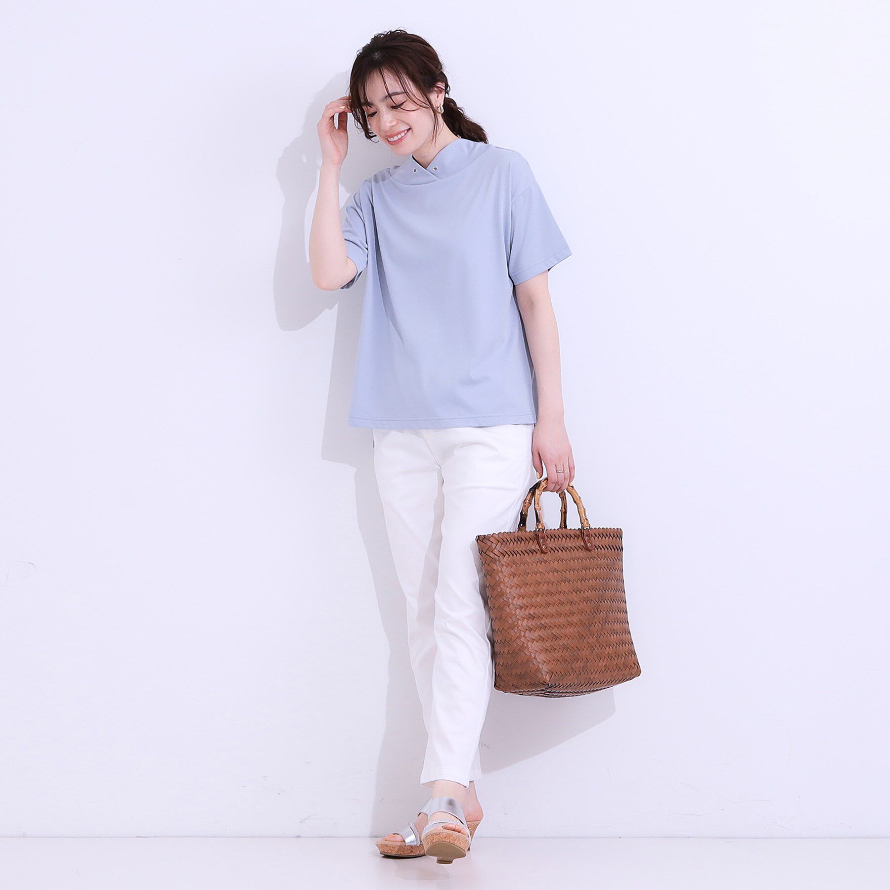 SHOO･LA･RUE「【高レビュー/ひんやり/UV】アウトスタイルもサマになる さらさら抜け襟Tシャツ」|Tシャツ・カットソー|