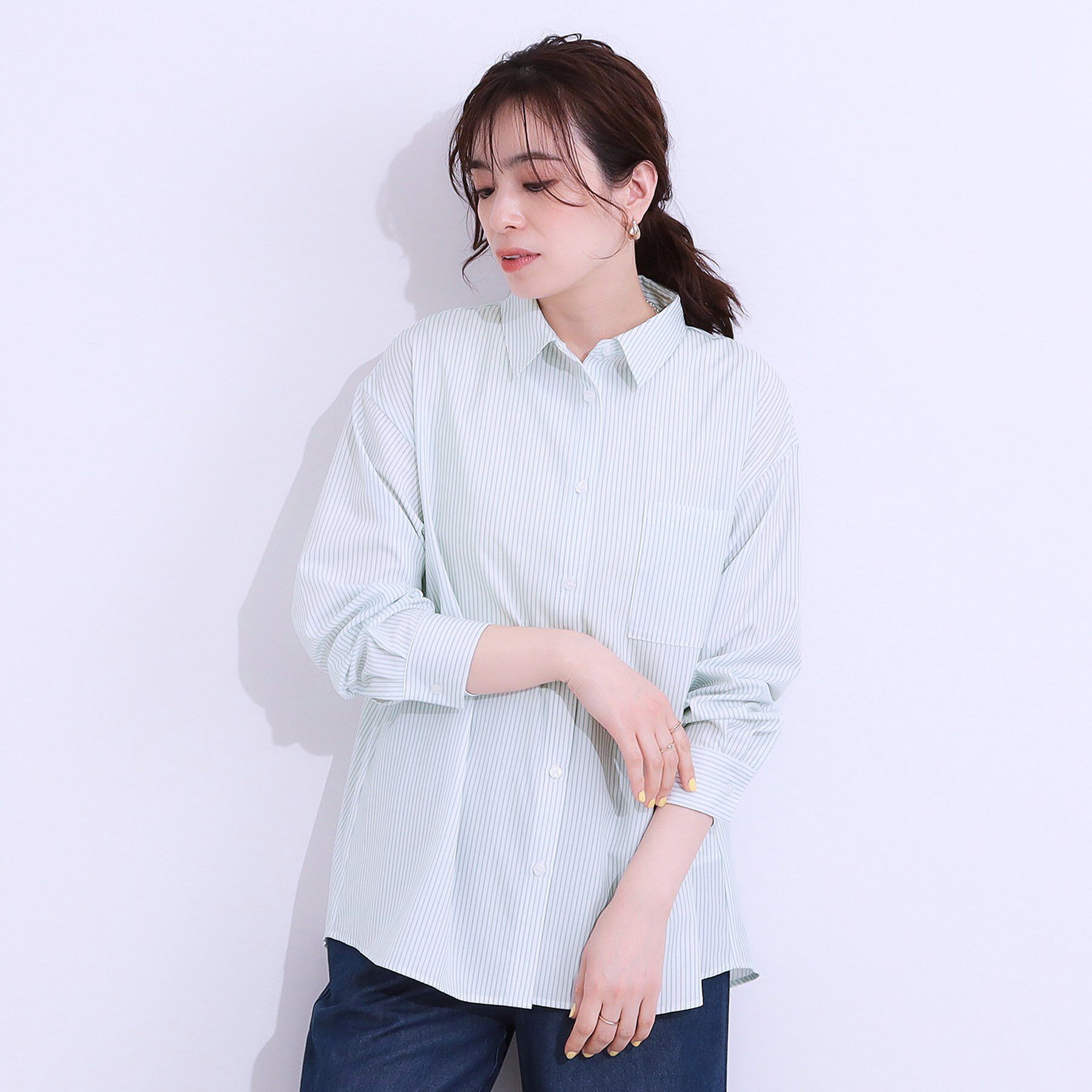 SHOO･LA･RUE「【ひんやり/UV/吸水速乾/洗濯後しわになりにくい】ラッシュガードにもなる ストライプ前開きシャツ」|シャツ・ブラウス|