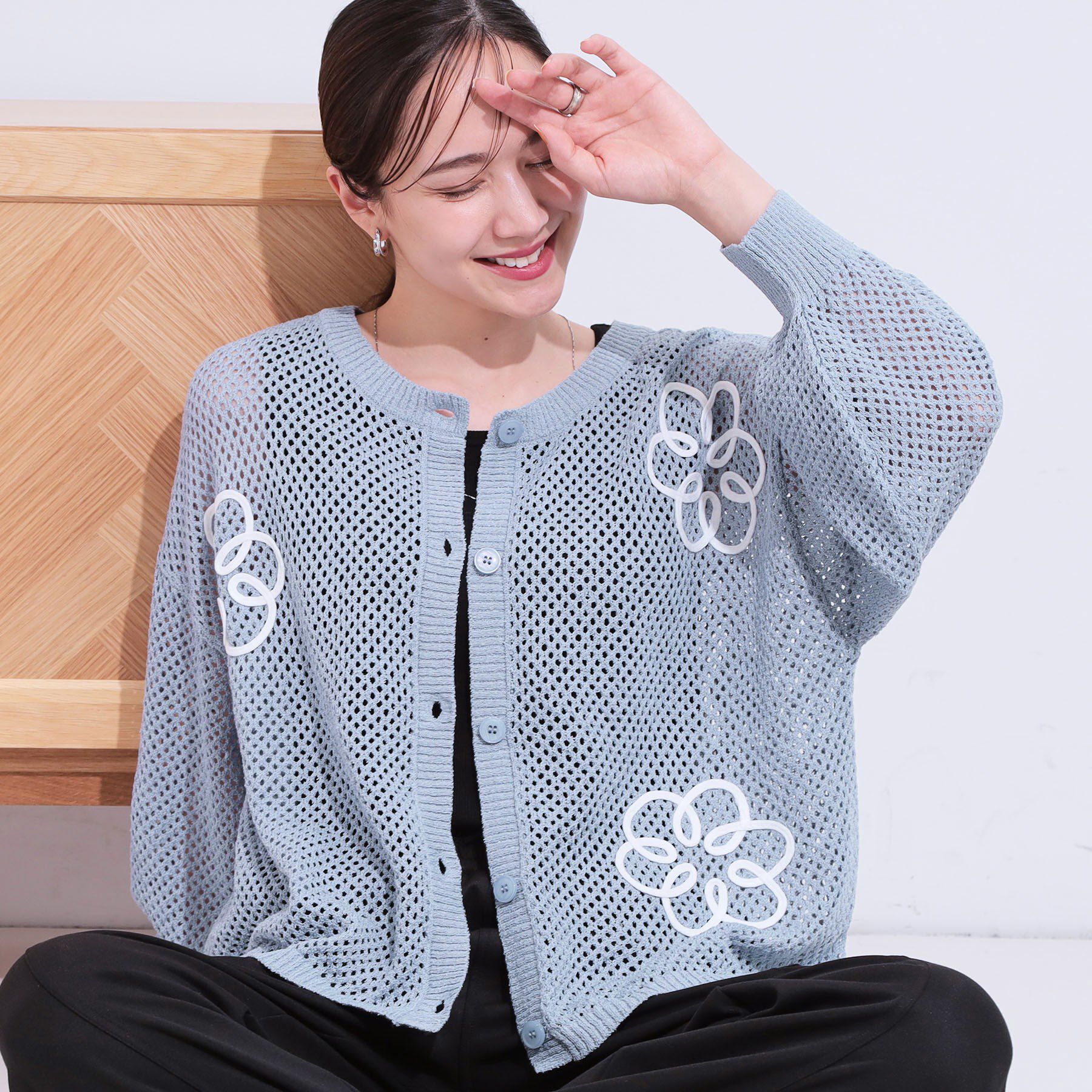 SHOO･LA･RUE「柄コード刺繍アソート メッシュ2WAYカーデ」|カーディガン|ブルー(392)