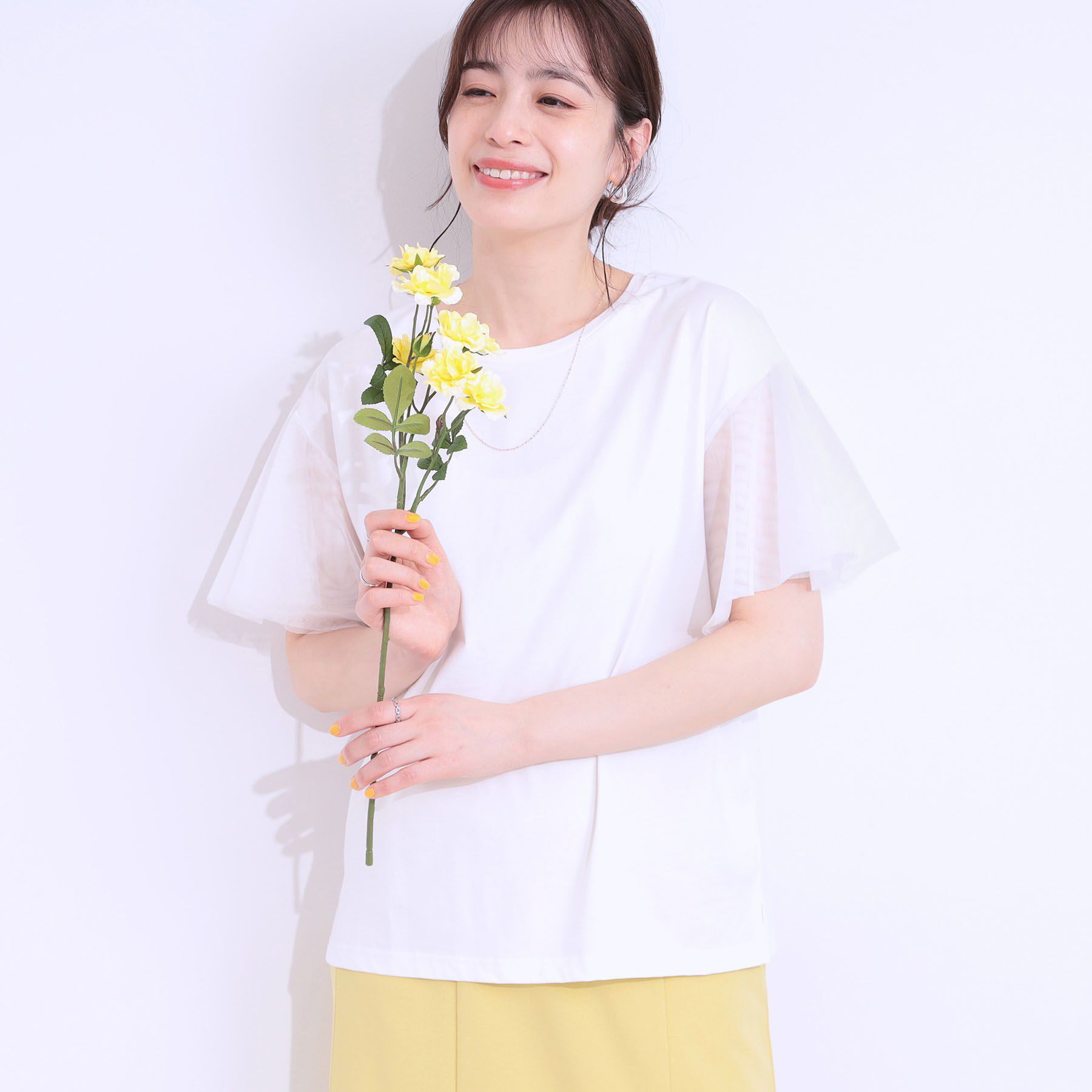 SHOO･LA･RUE「【S-LL/ひんやり】大人フェミニンに お袖チュール フリルトップス」|Tシャツ・カットソー|オフホワイト(003