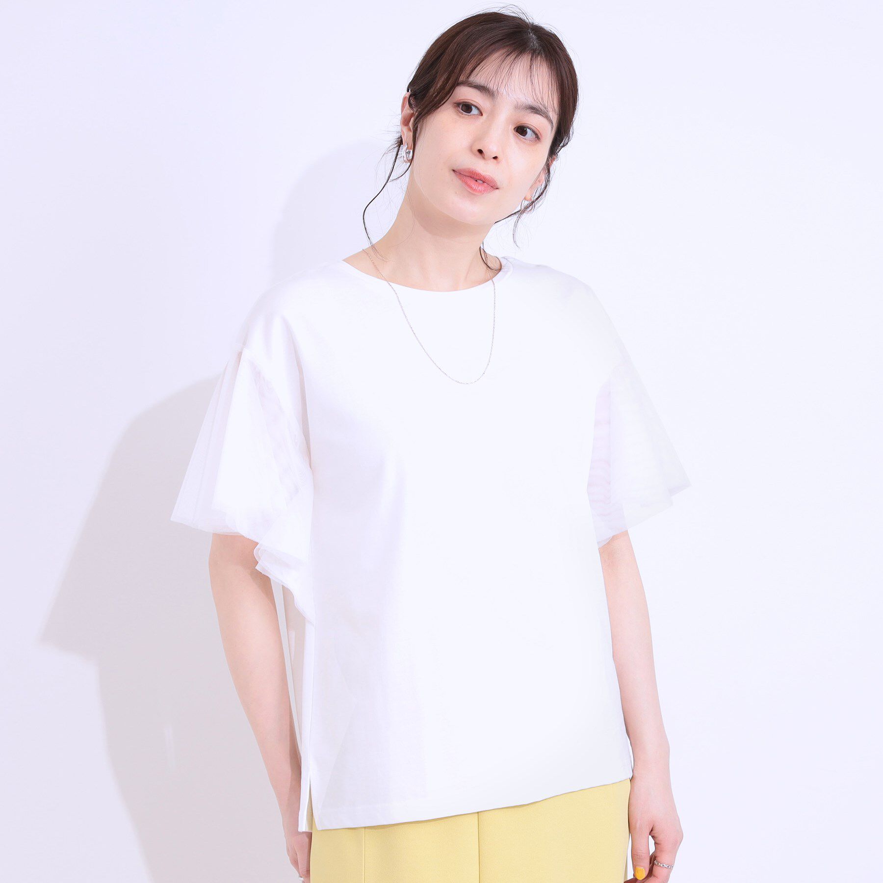 SHOO･LA･RUE「【S-LL/ひんやり】大人フェミニンに お袖チュール フリルトップス」|Tシャツ・カットソー|
