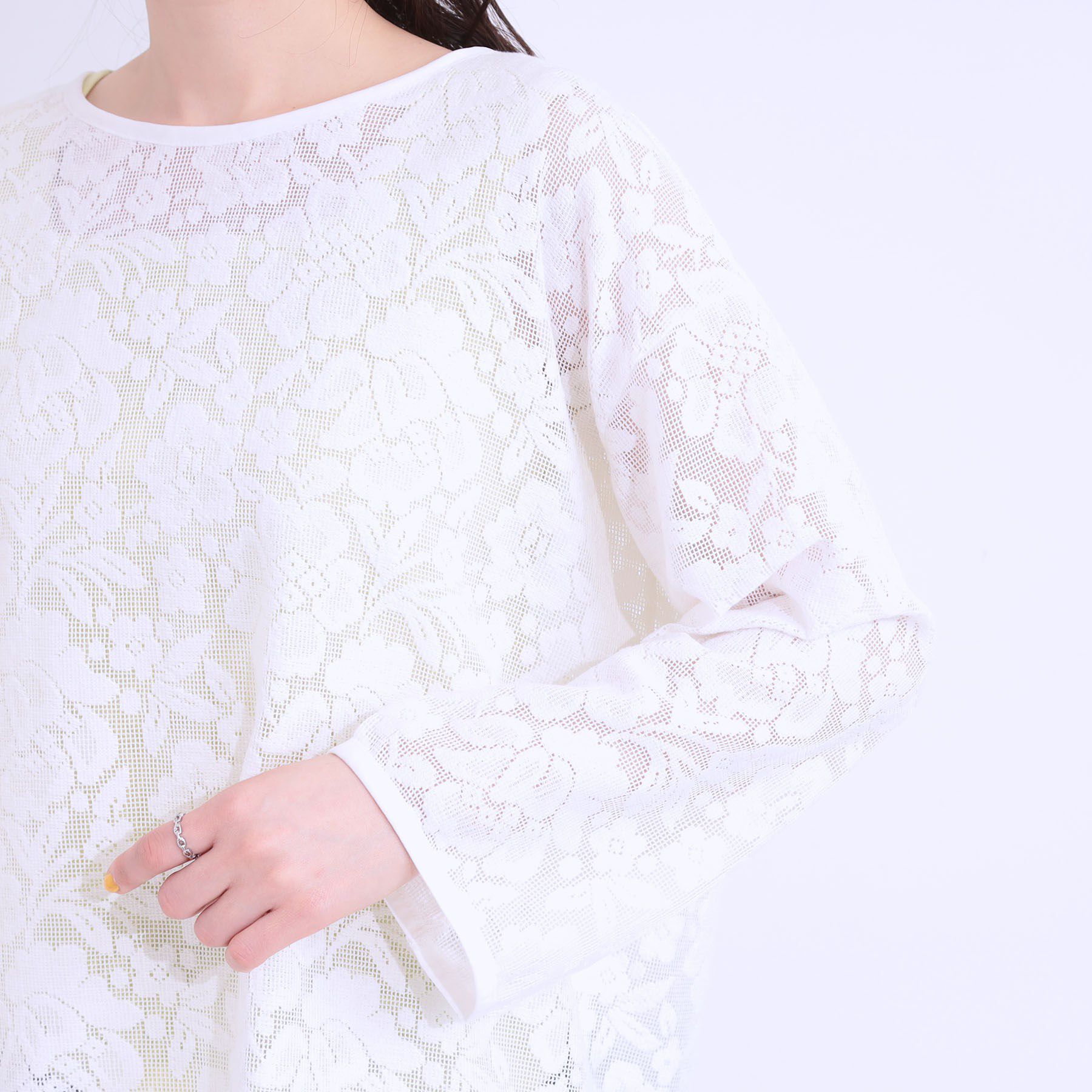 SHOO･LA･RUE「【前後2WAY/S-LL】メッシュ&times;レースがこなれ見え リボントップス」|Tシャツ・カットソー|