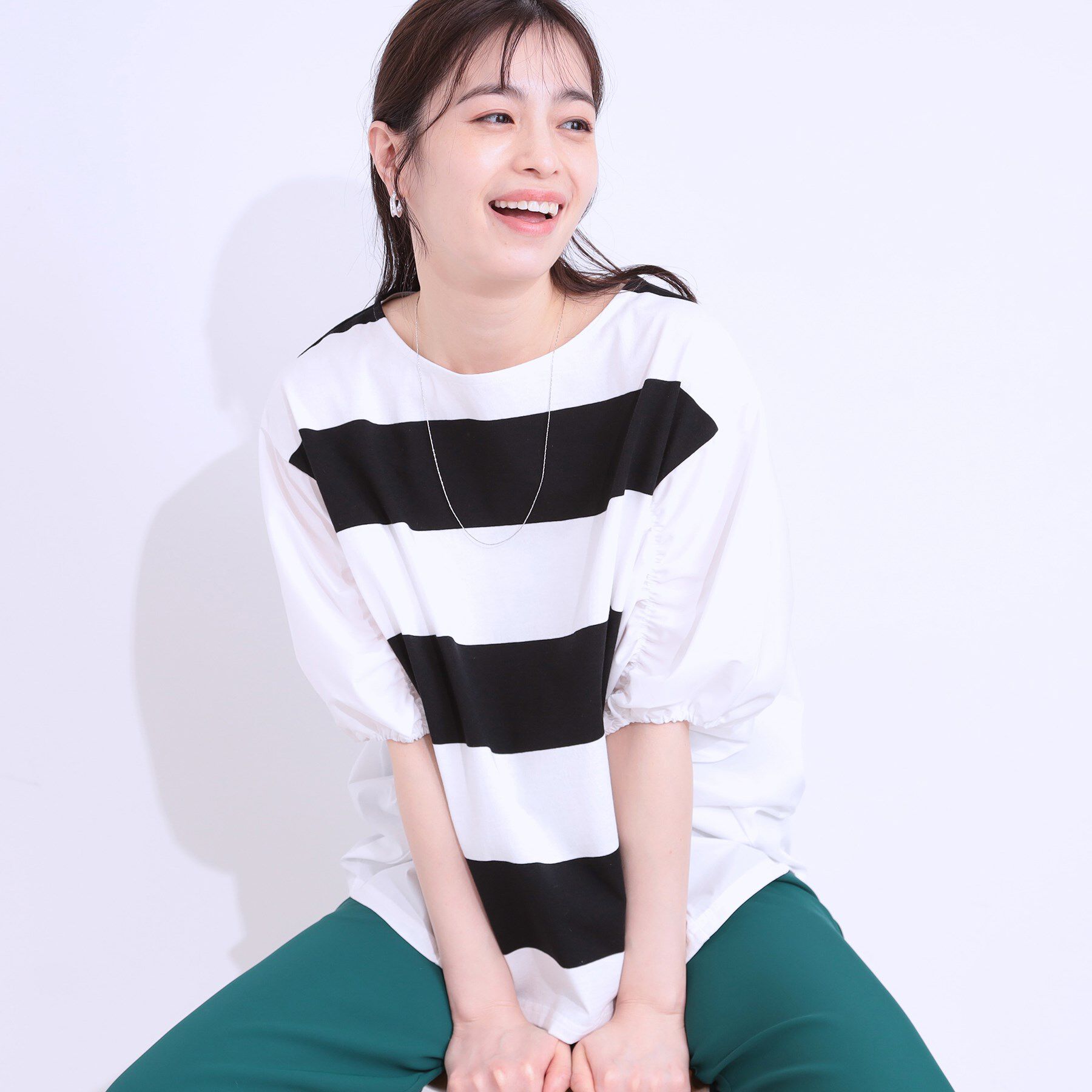 SHOO･LA･RUE「ふわりシルエットが新しい ワイドピッチボーダートップス」|Tシャツ・カットソー|ブラック(319)