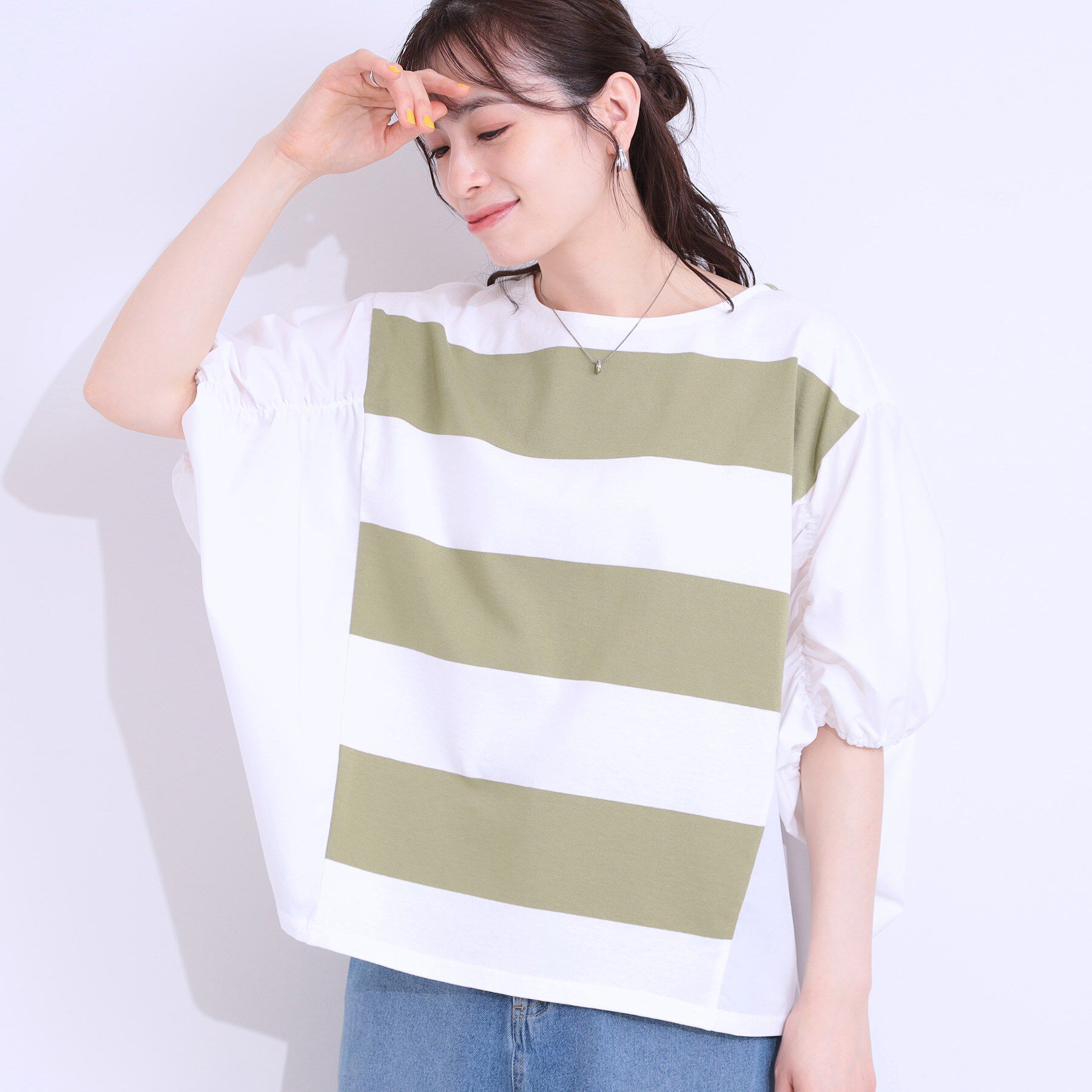 SHOO･LA･RUE「ふわりシルエットが新しい ワイドピッチボーダートップス」|Tシャツ・カットソー|オリーブグリーン(3