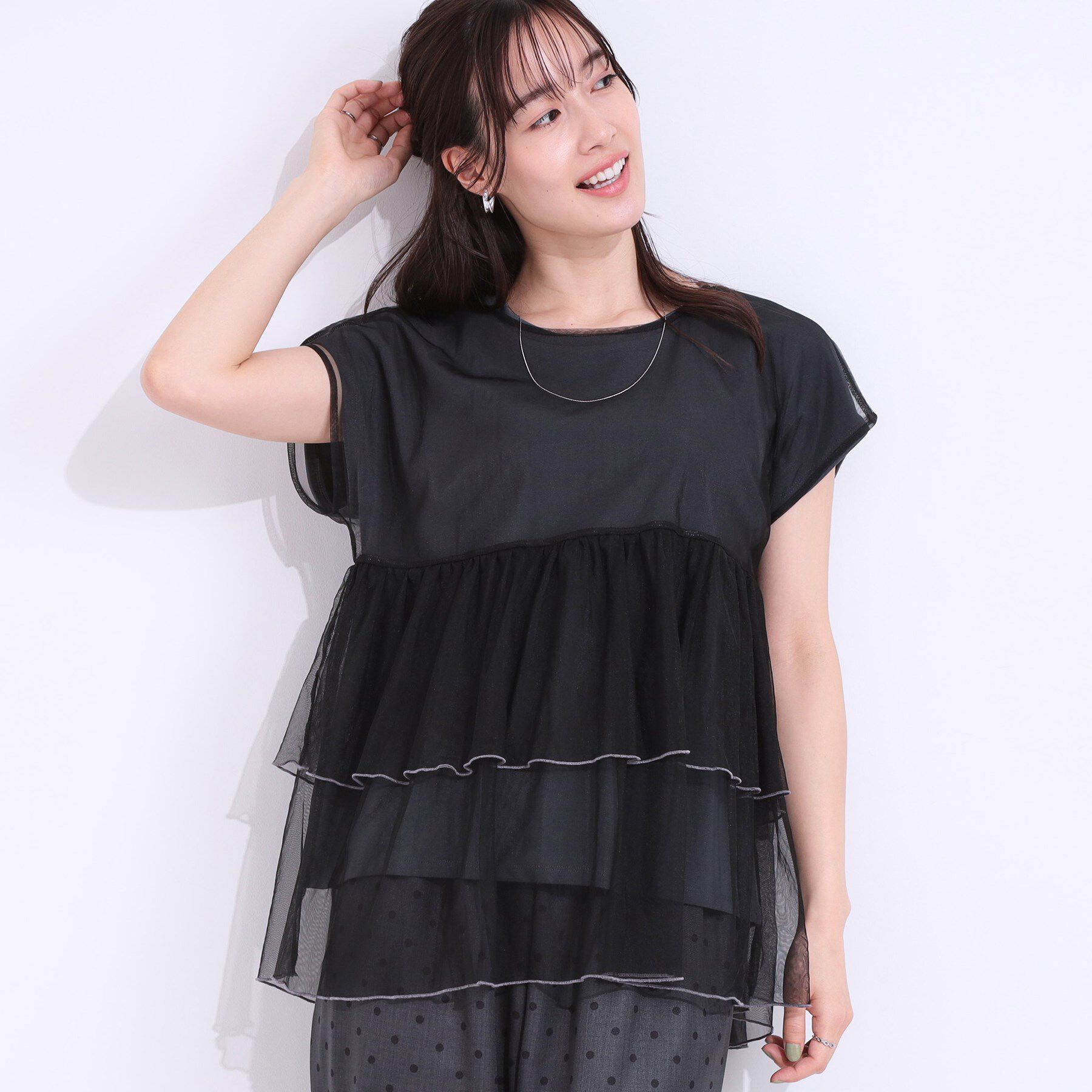 SHOO･LA･RUE「【S-LL/2点セット】程よい甘さをプラス Tシャツ＋チュールトップス」|Tシャツ・カットソー|チャコールグレー(0