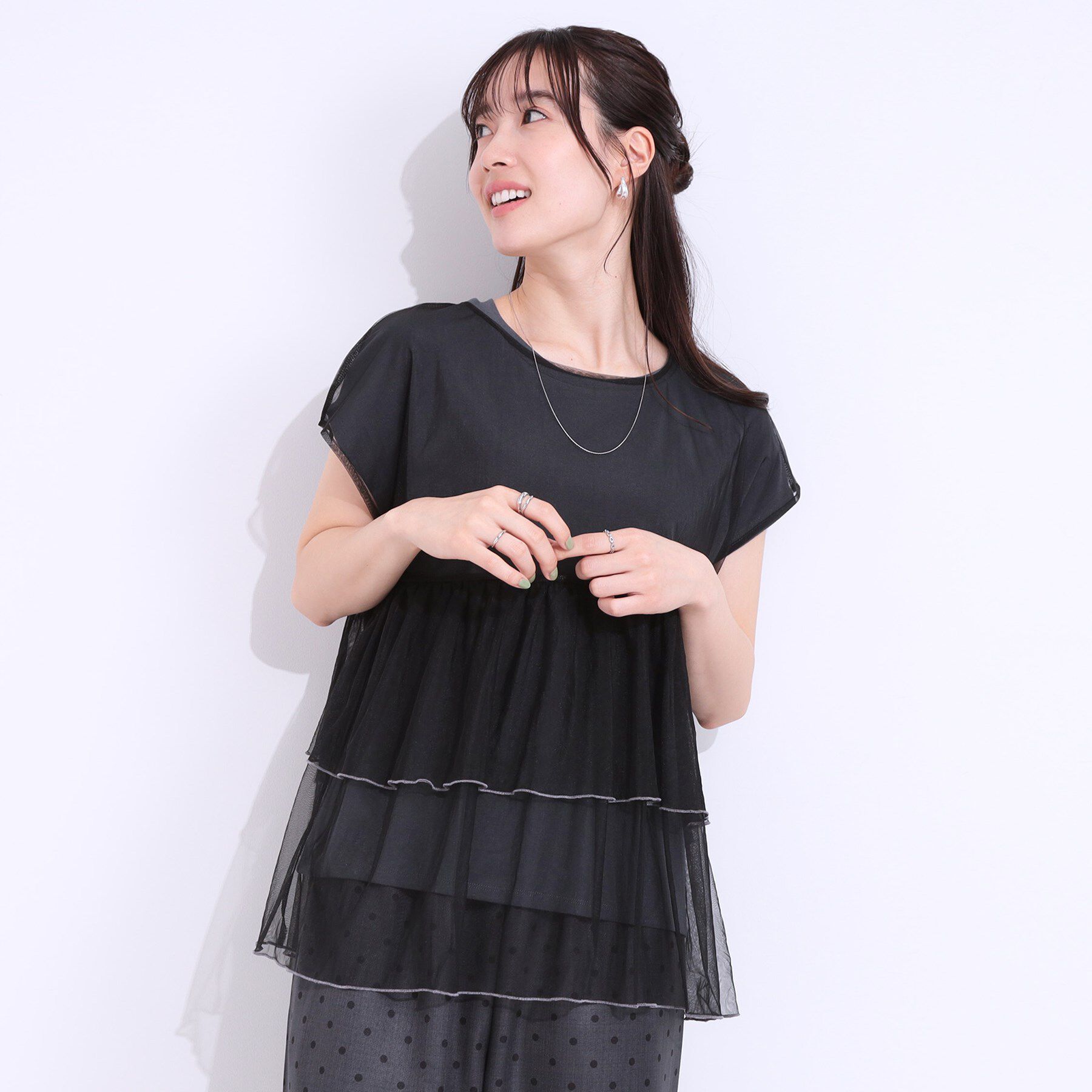 SHOO･LA･RUE「【S-LL/2点セット】程よい甘さをプラス Tシャツ＋チュールトップス」|Tシャツ・カットソー|