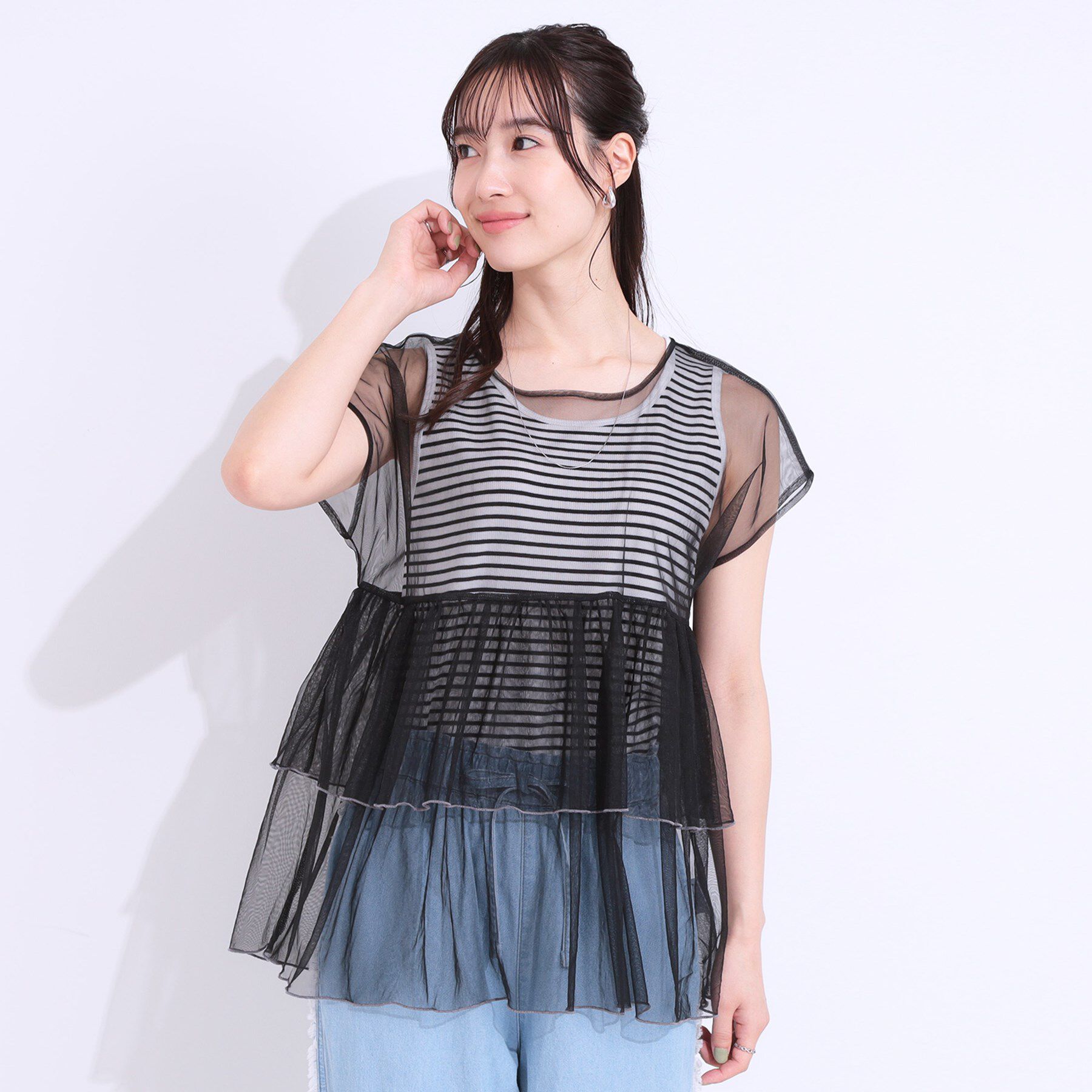 SHOO･LA･RUE「【S-LL/2点セット】程よい甘さをプラス Tシャツ＋チュールトップス」|Tシャツ・カットソー|
