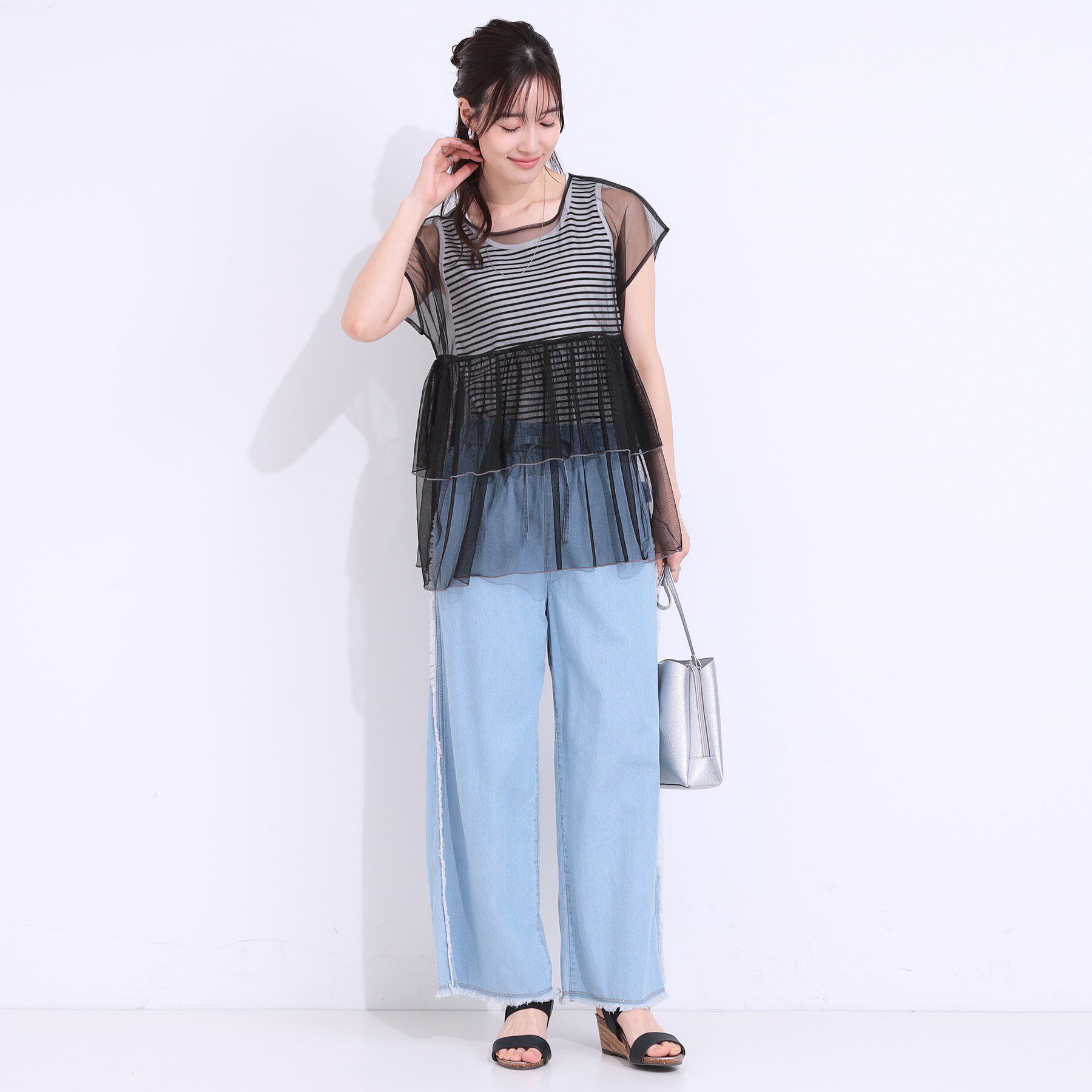 SHOO･LA･RUE「【S-LL/2点セット】程よい甘さをプラス Tシャツ＋チュールトップス」|Tシャツ・カットソー|