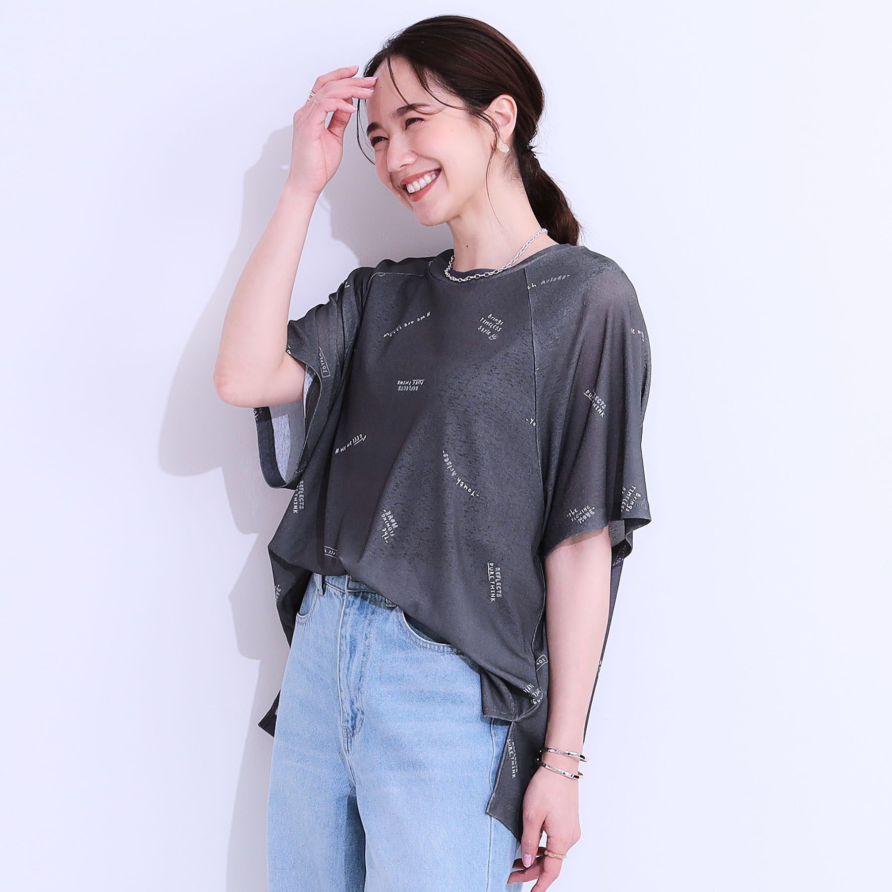 SHOO･LA･RUE「【洗える/S-LL】ゆるっとこなれ見え 総柄プリント シアーTシャツ」|Tシャツ・カットソー|