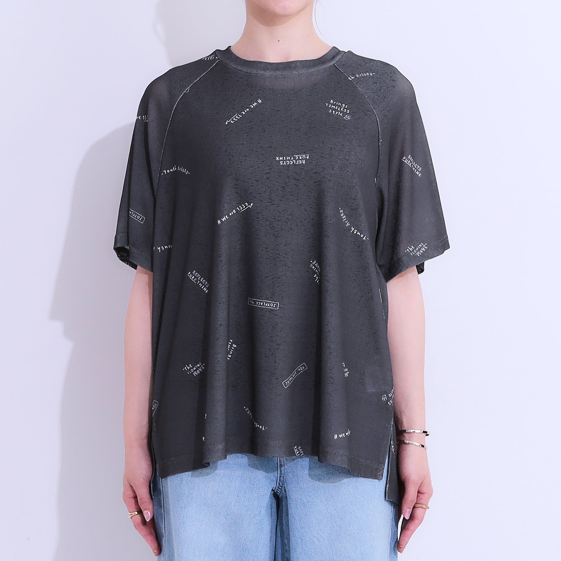 SHOO･LA･RUE「【洗える/S-LL】ゆるっとこなれ見え 総柄プリント シアーTシャツ」|Tシャツ・カットソー|