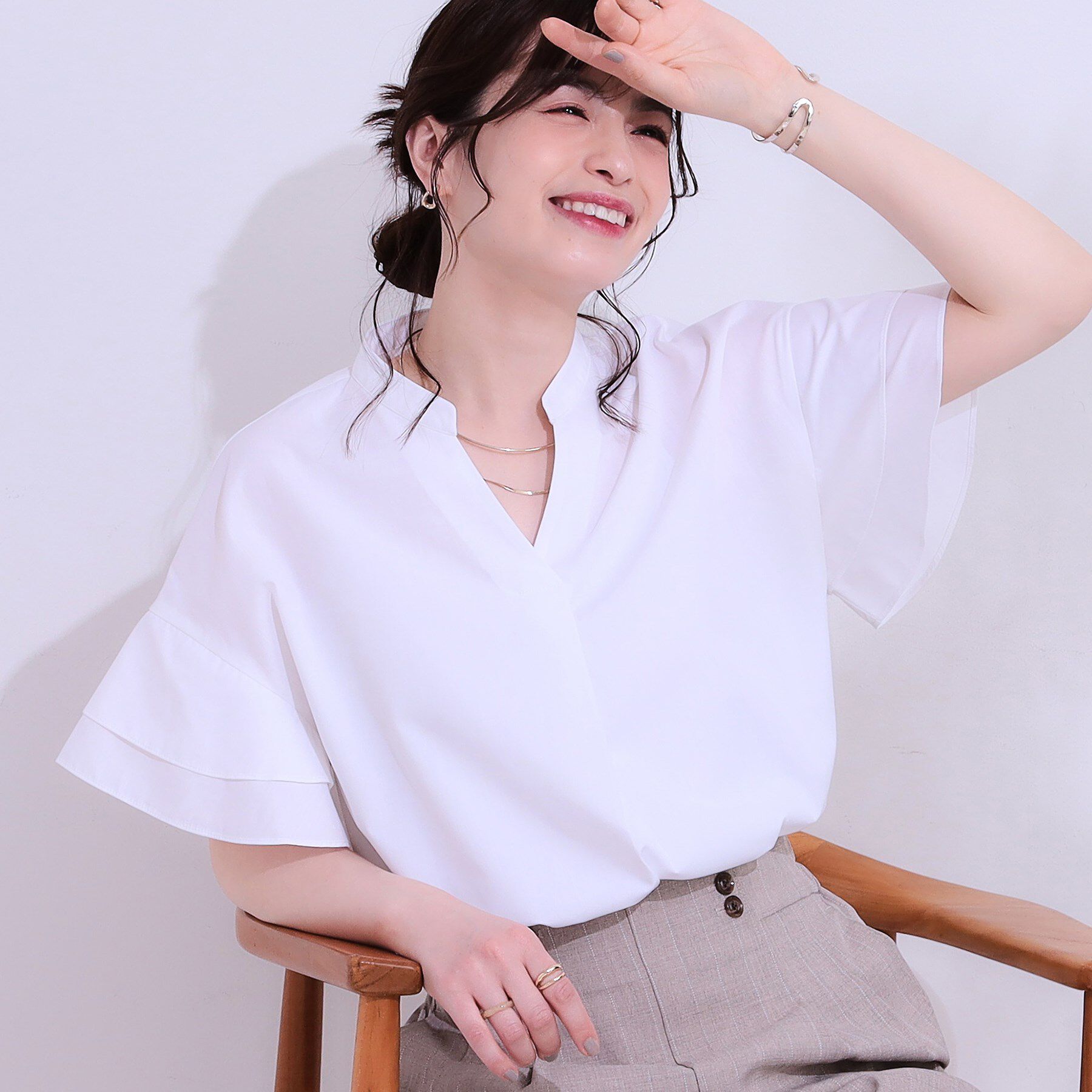 SHOO･LA･RUE「【洗える/S-LL】袖フリルスキッパーシャツ」|シャツ・ブラウス|オフホワイト(003