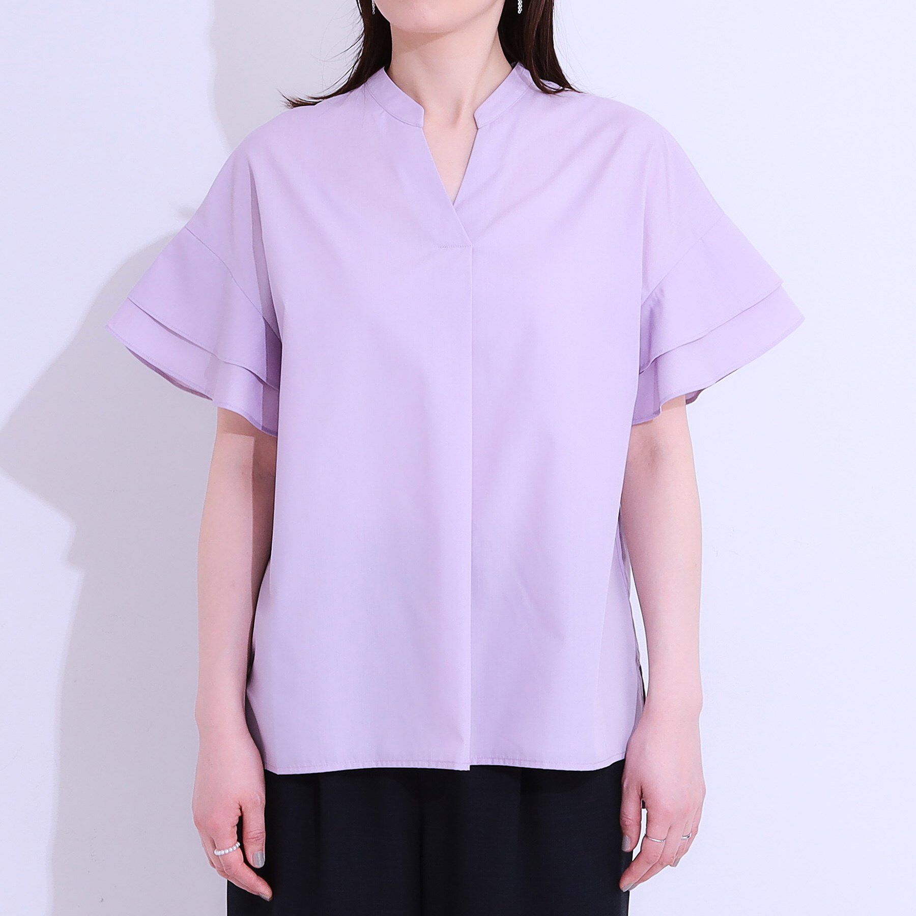 SHOO･LA･RUE「【洗える/S-LL】袖フリルスキッパーシャツ」|シャツ・ブラウス|