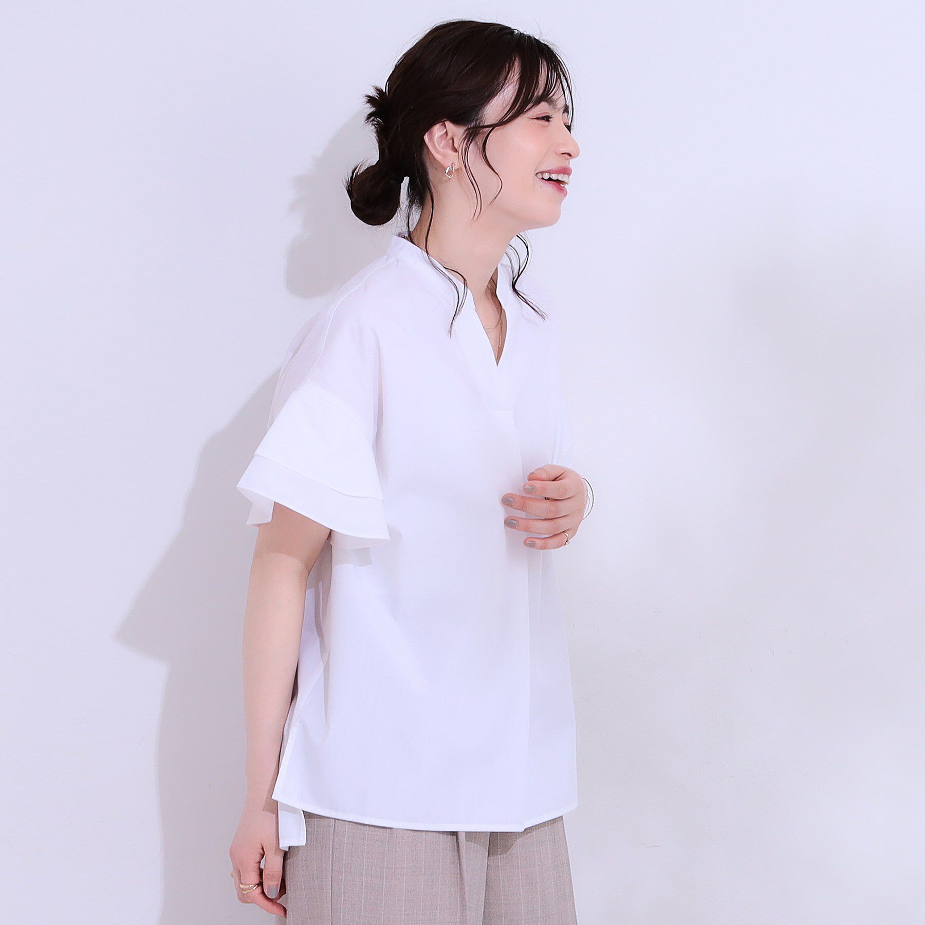 SHOO･LA･RUE「【洗える/S-LL】袖フリルスキッパーシャツ」|シャツ・ブラウス|