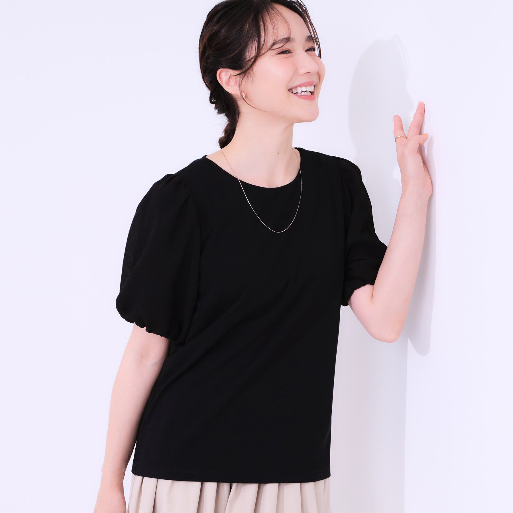 SHOO･LA･RUE「【S-LL/ひんやり/UV】お袖シアー バルーントップス」|Tシャツ・カットソー|ブラック(019)