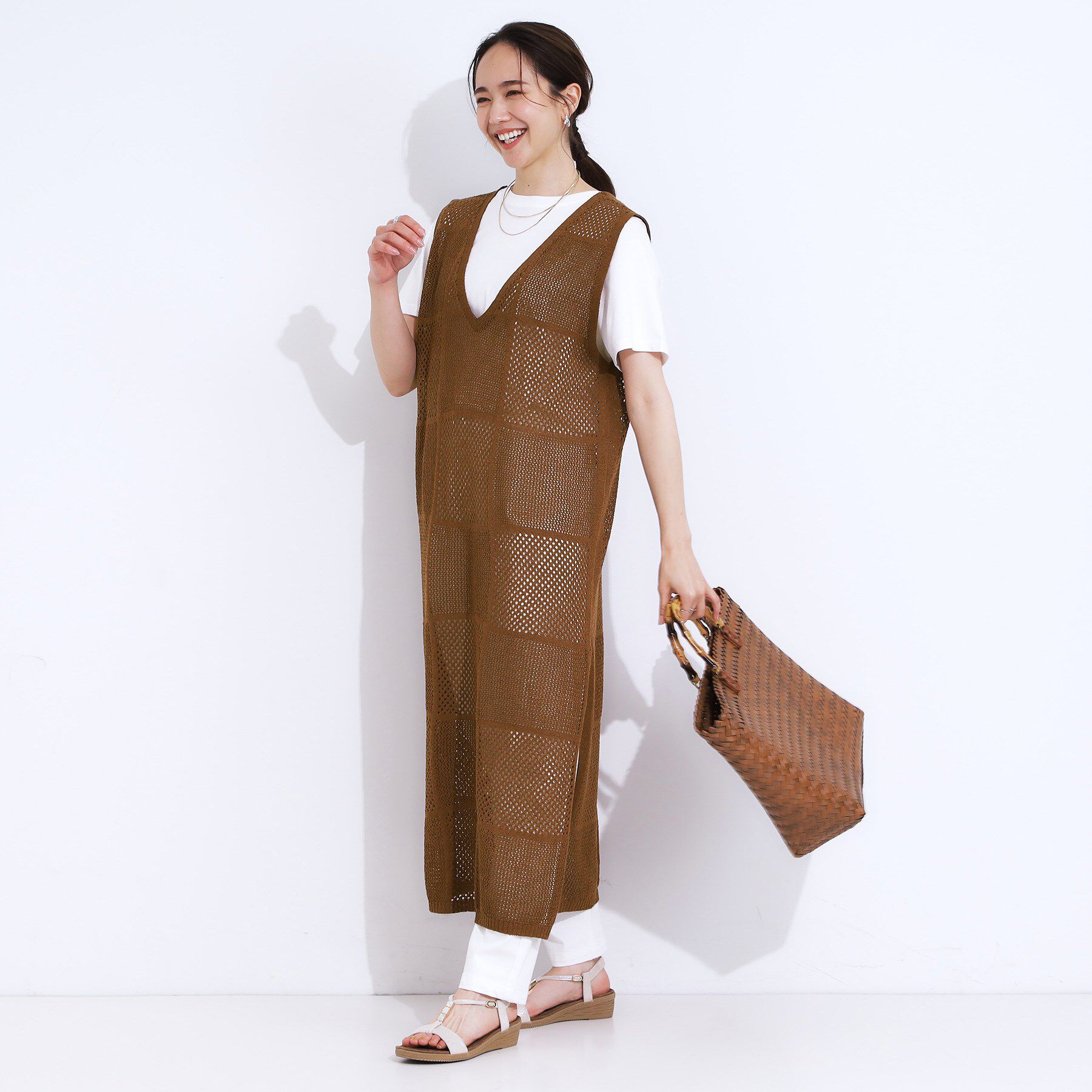 SHOO･LA･RUE「【前後2WAY】リネンライクブークレ パッチワーク風ニットワンピース」|ワンピース|