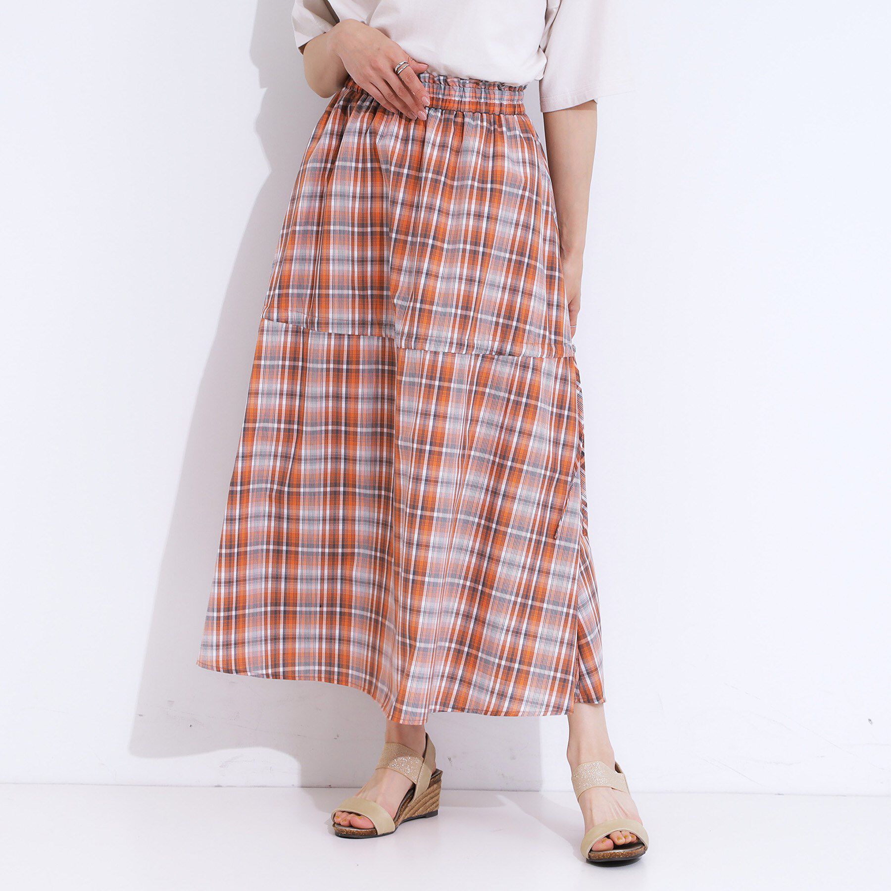 SHOO･LA･RUE「【S-LL】シルエットが変えられる チェック柄リボンフレアスカート」|スカート|