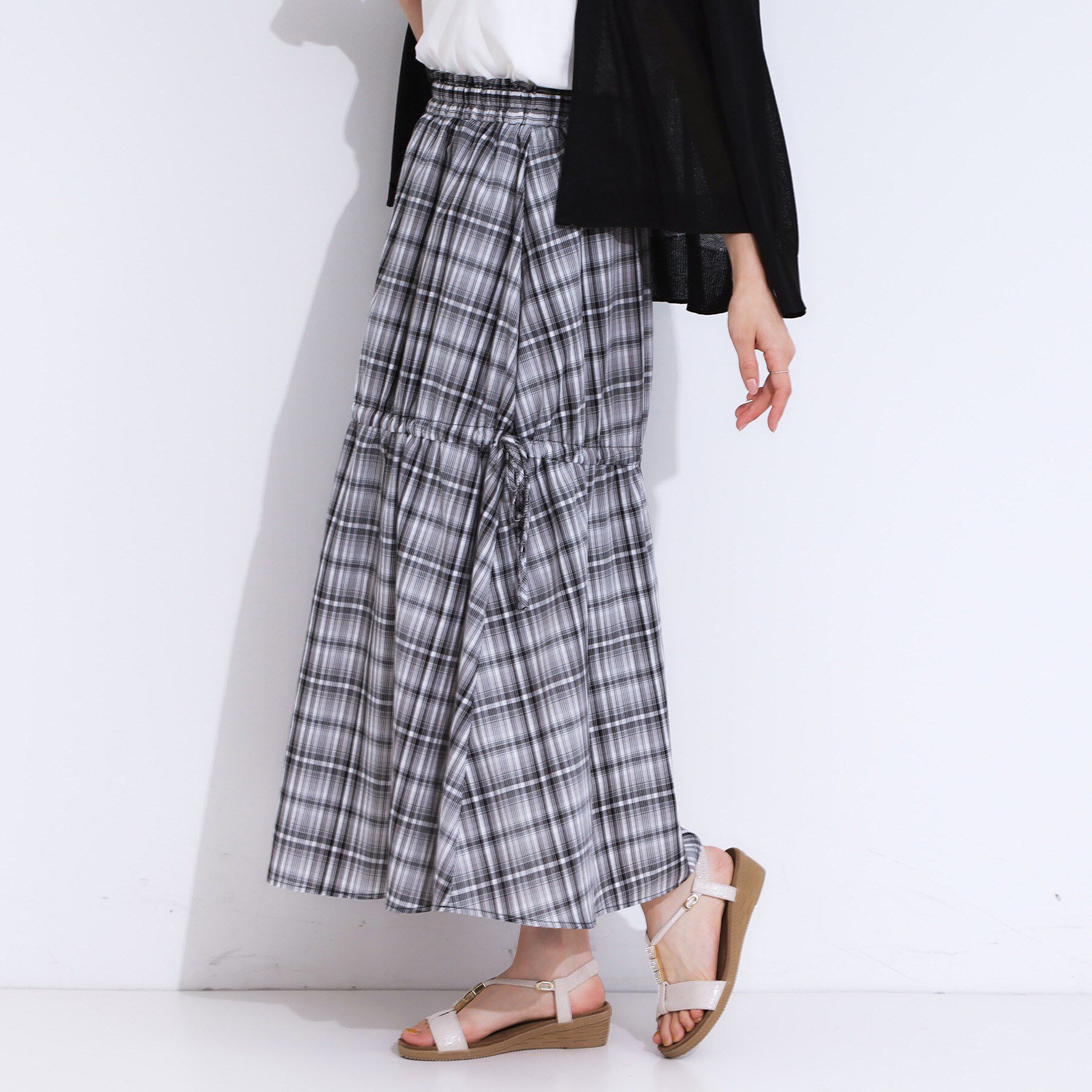 SHOO･LA･RUE「【S-LL】シルエットが変えられる チェック柄リボンフレアスカート」|スカート|