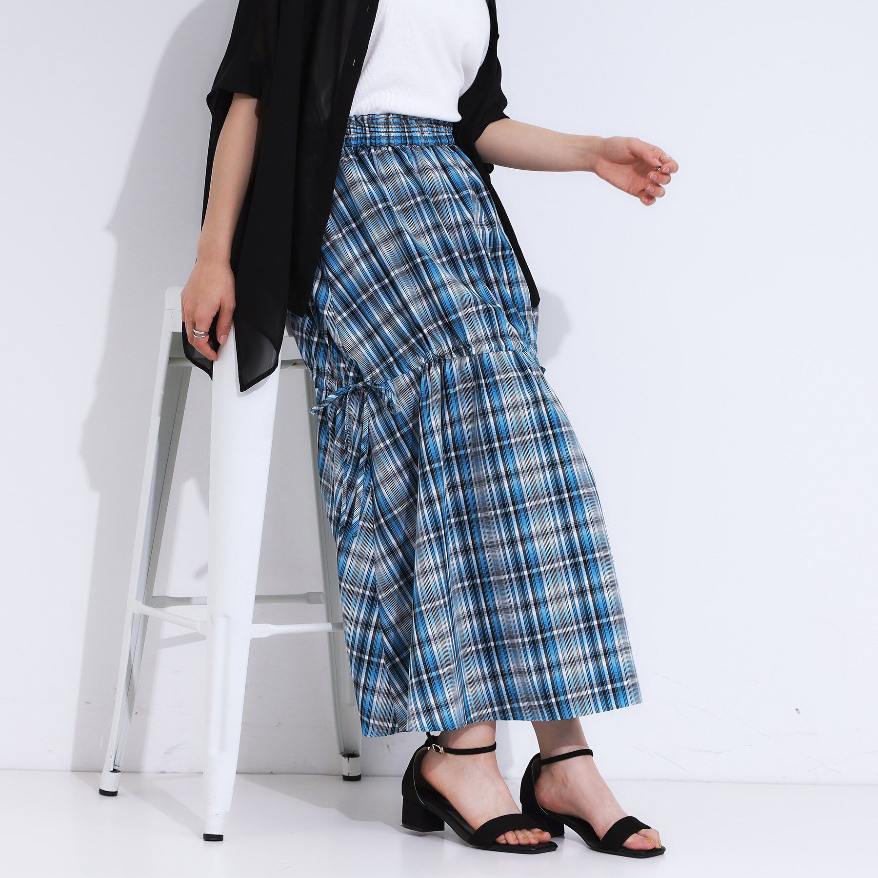 SHOO･LA･RUE「【S-LL】シルエットが変えられる チェック柄リボンフレアスカート」|スカート|ブルー(292)