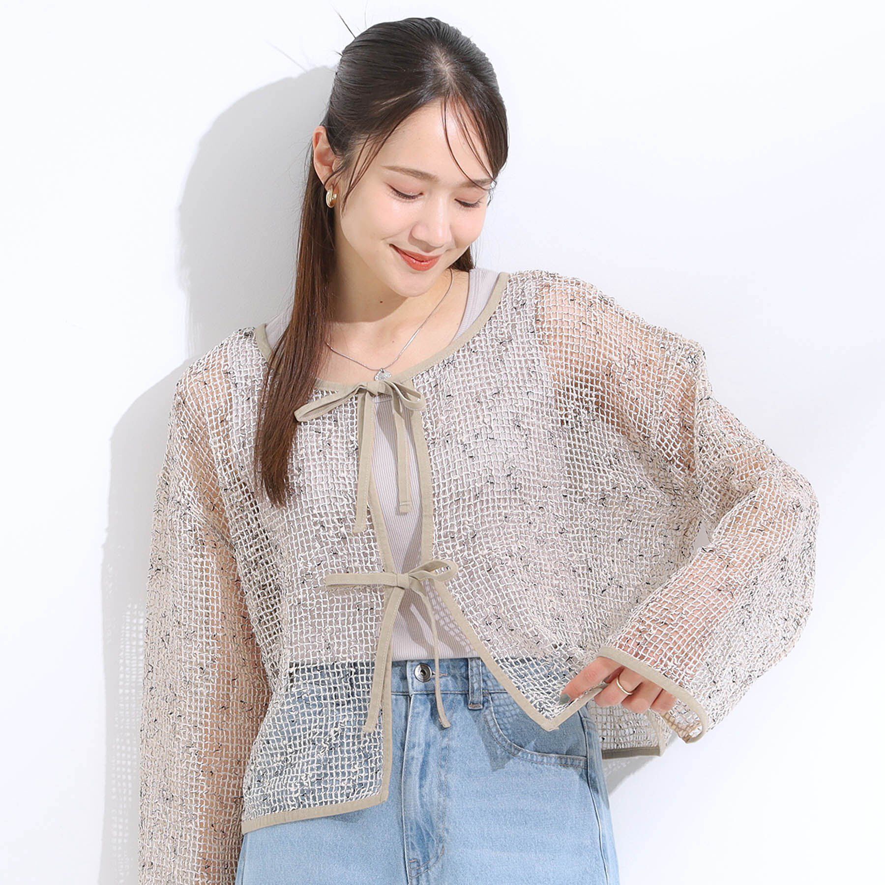 SHOO･LA･RUE「【前後2WAY】夏でもさらりと羽織れる メッシュリボンカーディガン」|カーディガン|