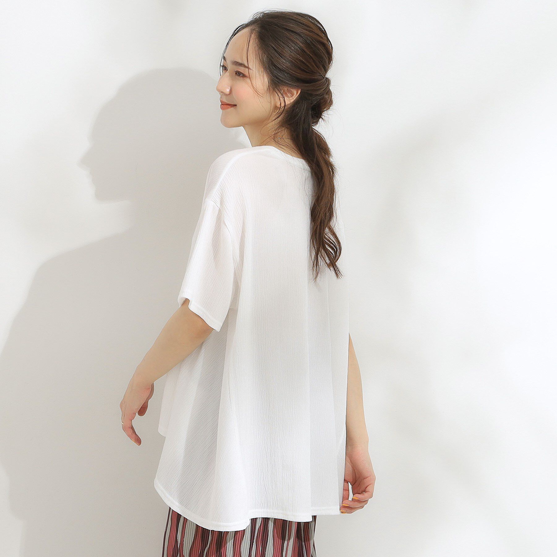 SHOO･LA･RUE「【S-LL/洗える/体型カバー/5分袖】涼しくきれいに決まる Aライントップス」|Tシャツ・カットソー|