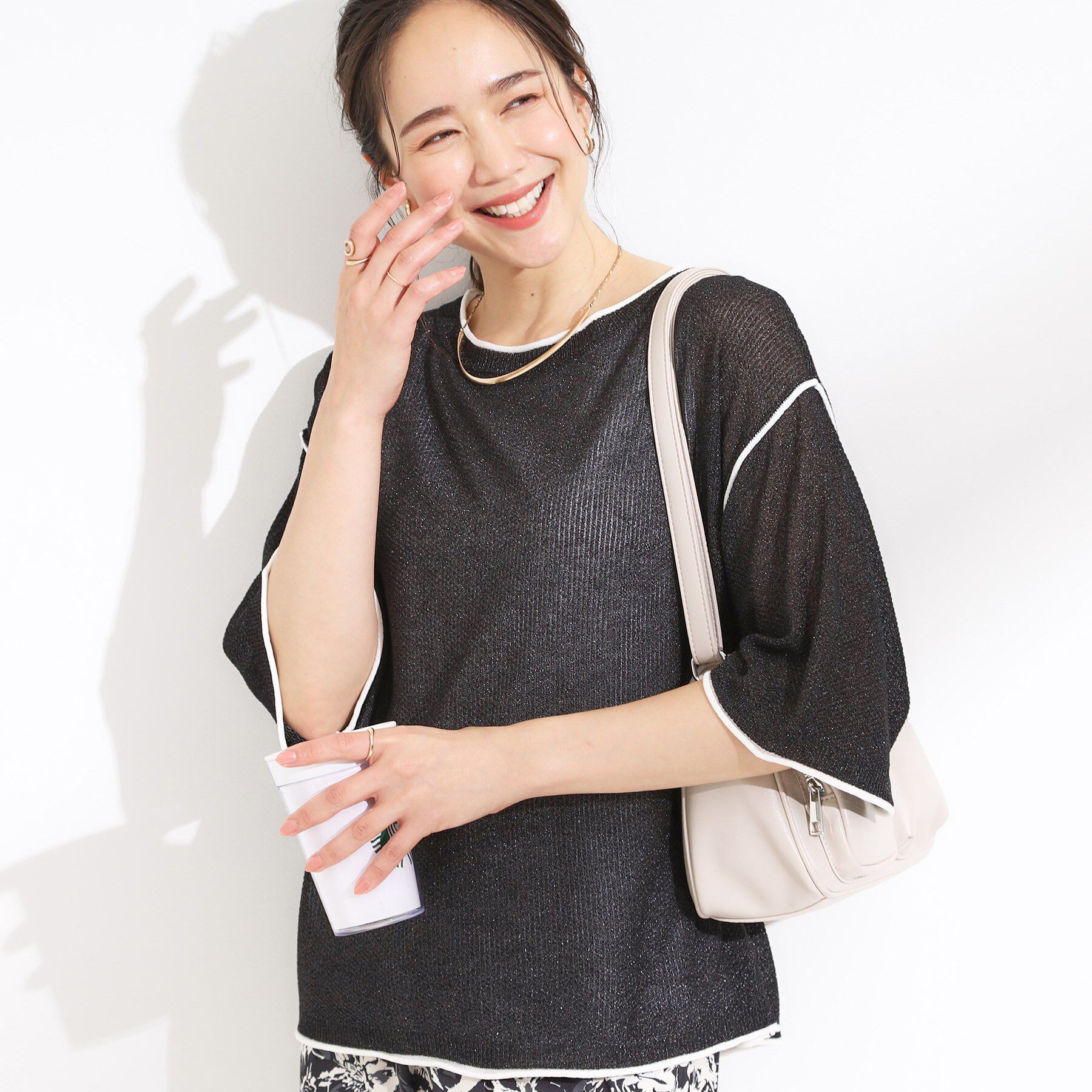 SHOO･LA･RUE「【S-LL/2点セット】配色使いがアクセント 半袖ニット+タンクトップ」|その他|ブラック(519)