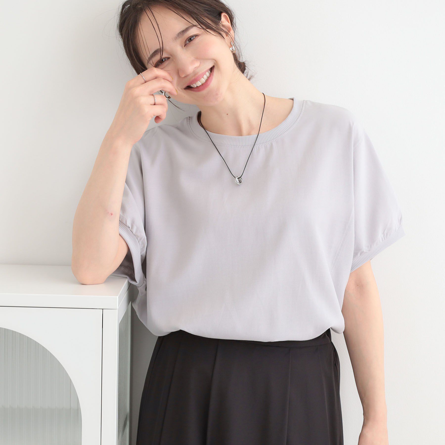 SHOO･LA･RUE「【ひんやり/洗濯後しわになりにくい】リブ切り替えドルマンブラウス」|シャツ・ブラウス|ライトグレー(011