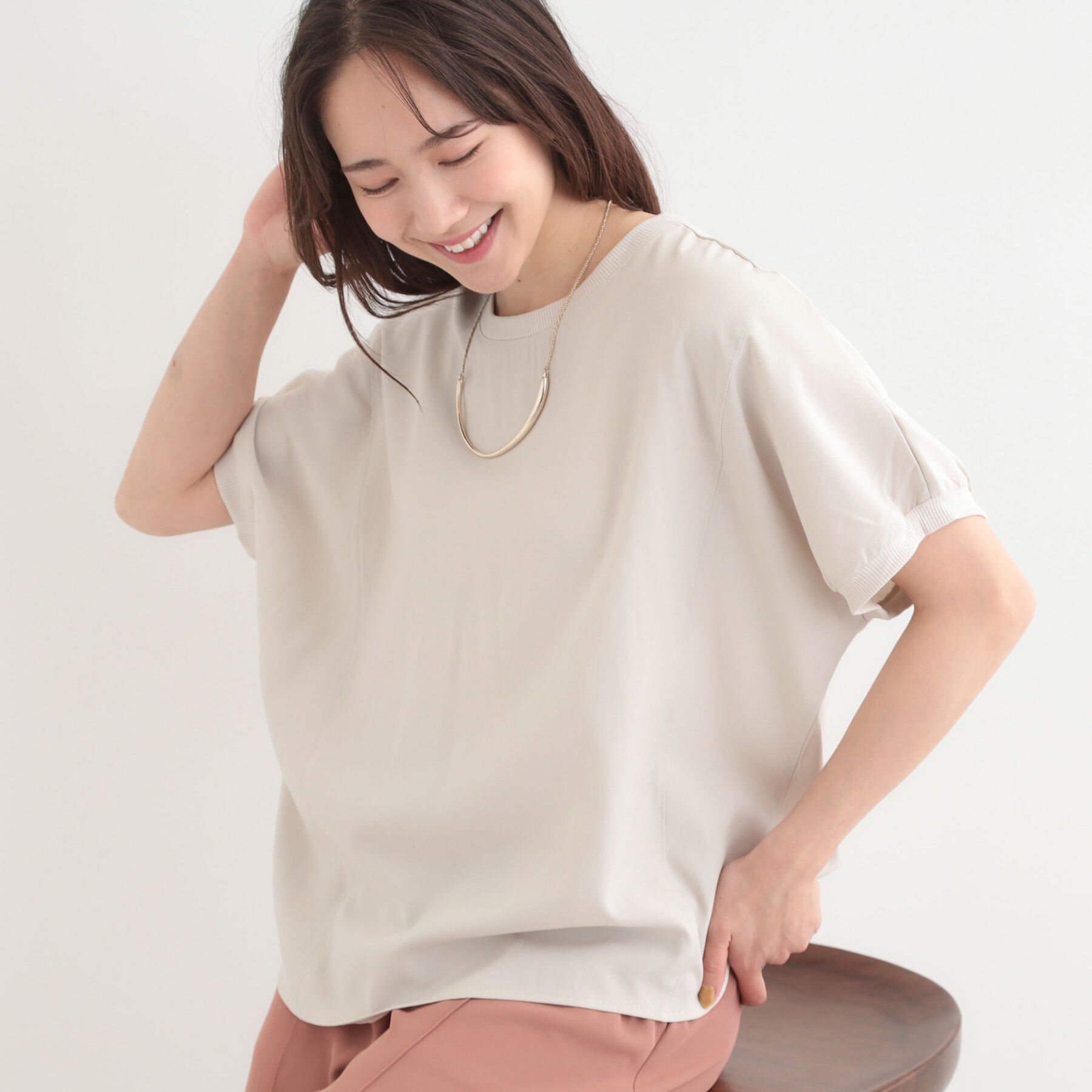 SHOO･LA･RUE「【ひんやり/洗濯後しわになりにくい】リブ切り替えドルマンブラウス」|シャツ・ブラウス|ライトベージュ(05