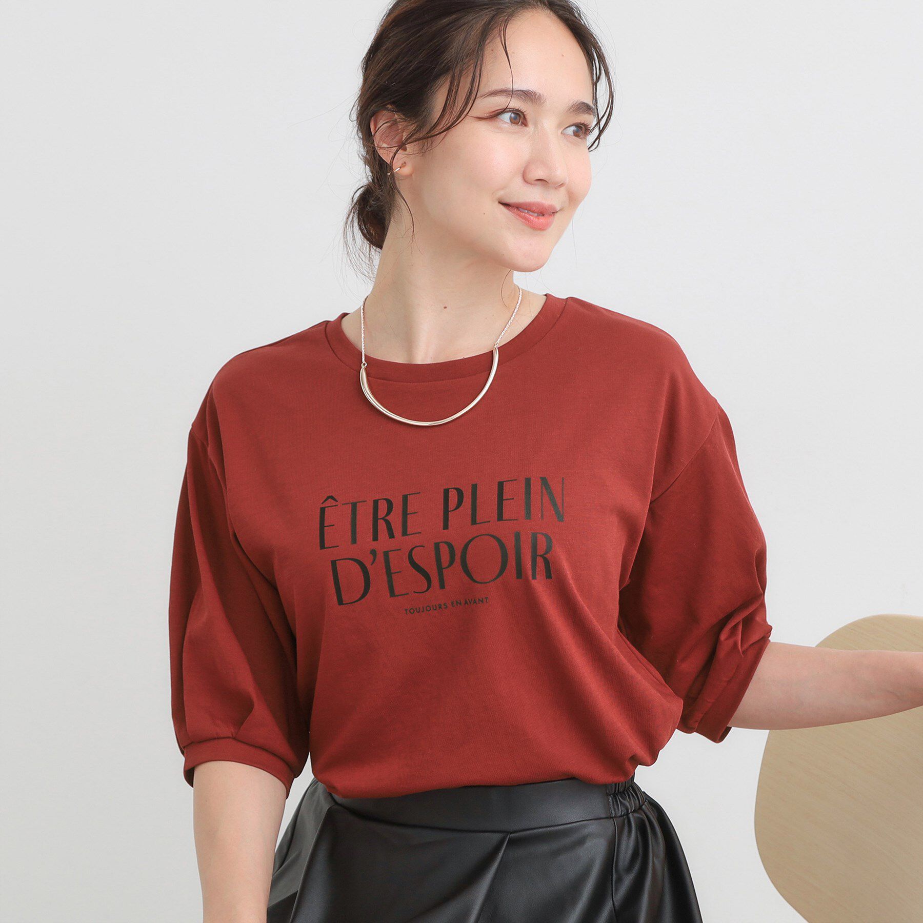 SHOO･LA･RUE「【ひんやり/S-LL】大人の五分袖プリントTシャツ」|Tシャツ・カットソー|レッド(063)