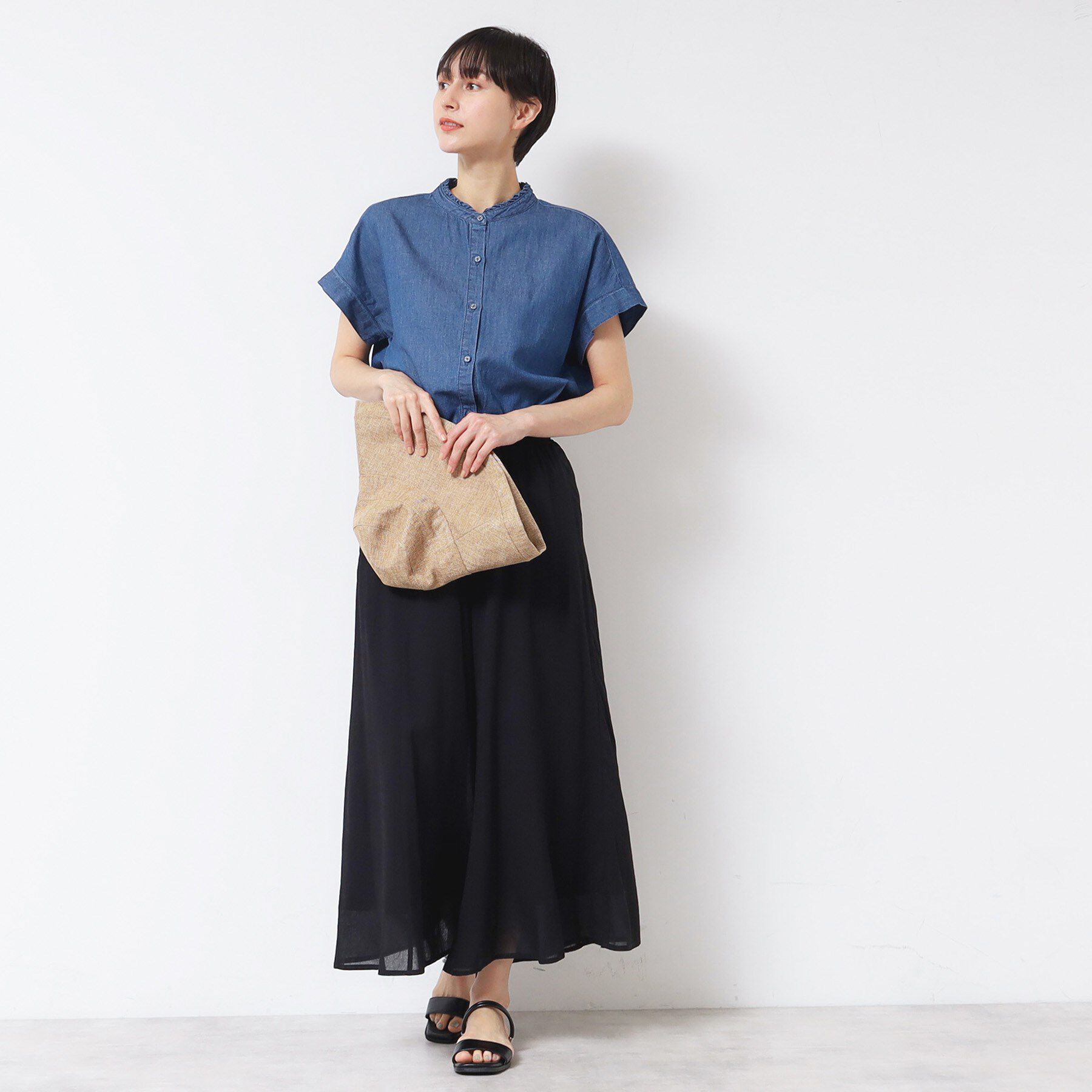 Dessin「【洗える】リネンブレンドデニムフリルシャツ」|シャツ・ブラウス|