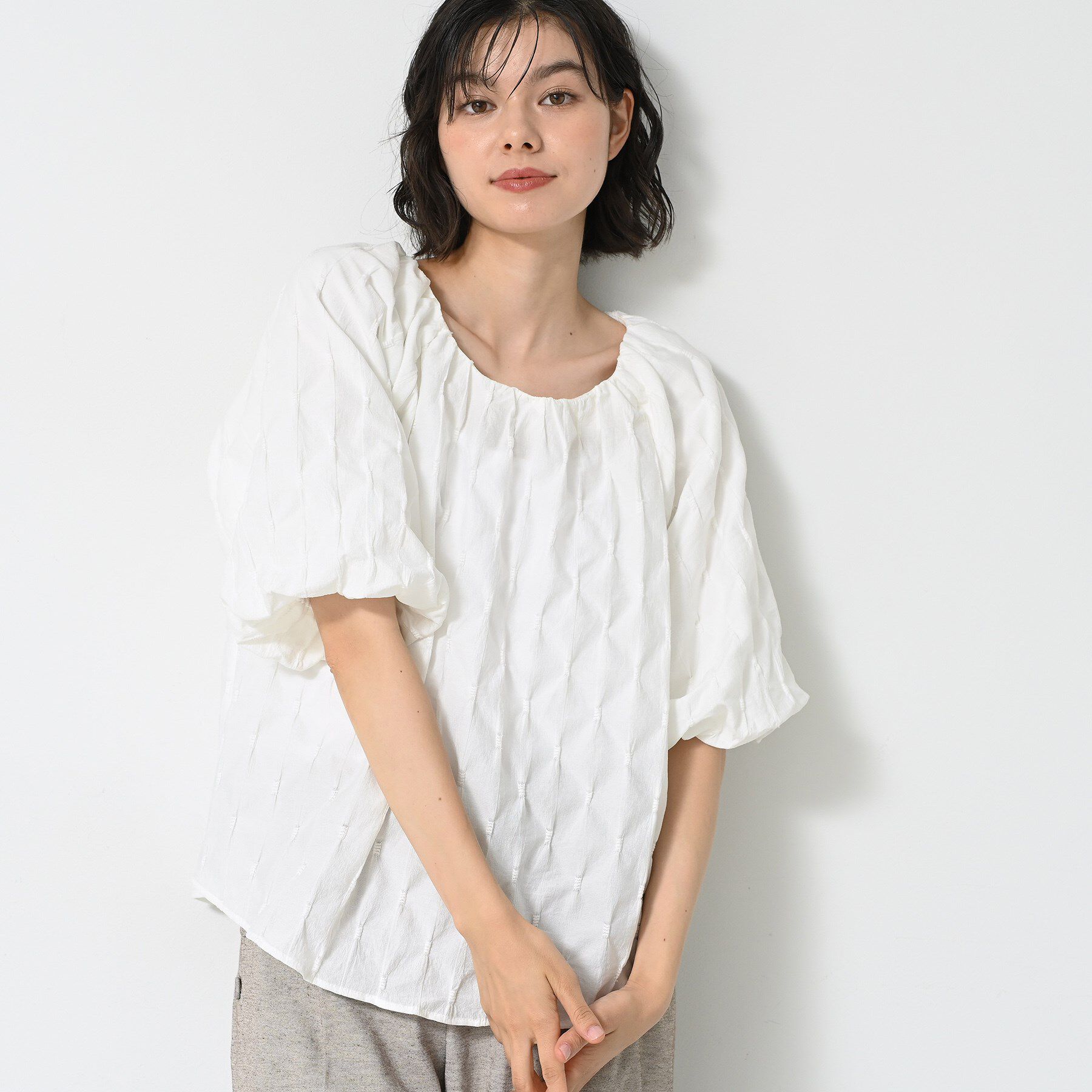 Dessin「【洗える／五分袖】バルーンスリーブジャガードブラウス」|シャツ・ブラウス|