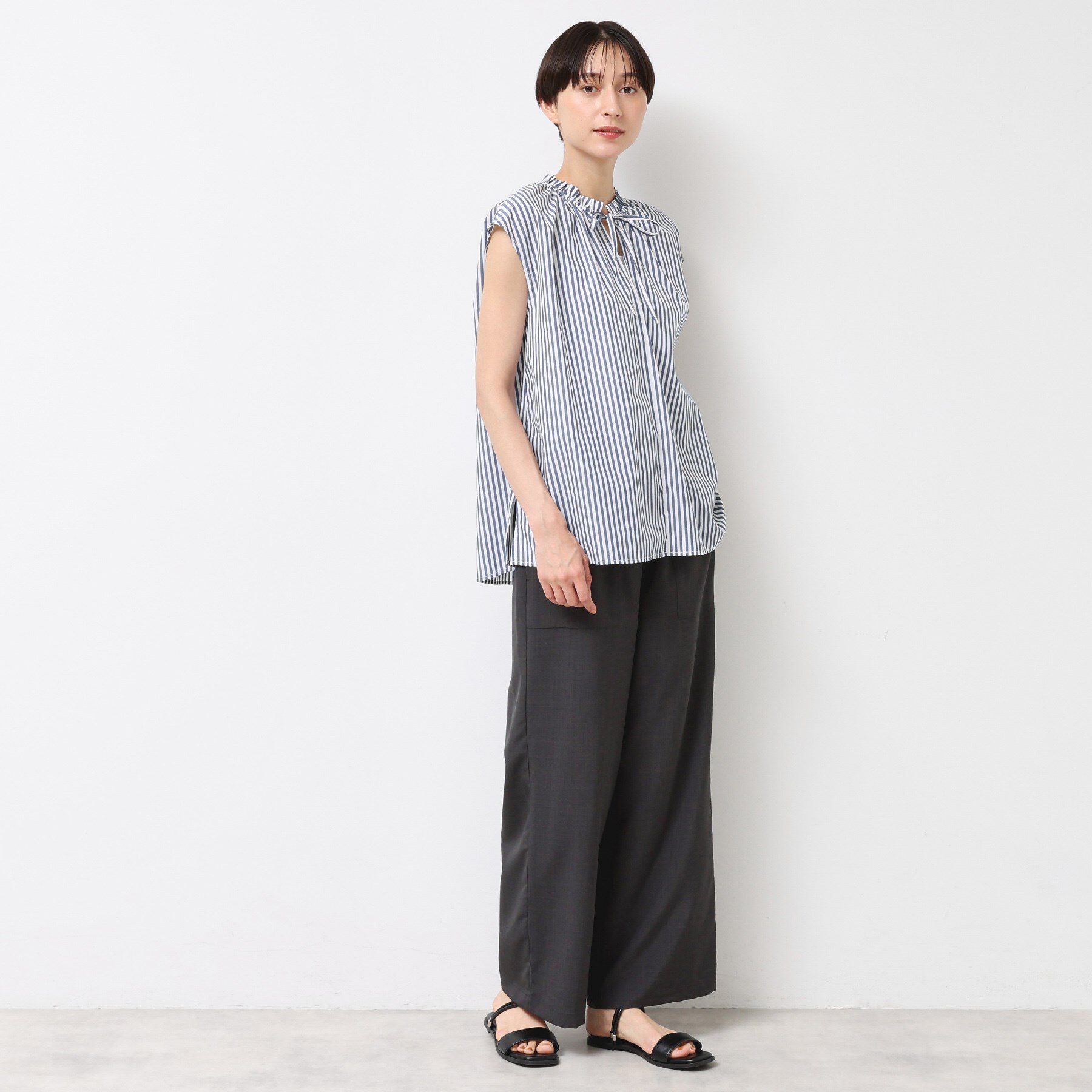 Dessin「【洗える】ストライプ柄フレンチスリーブスキッパ―ブラウス」|シャツ・ブラウス|