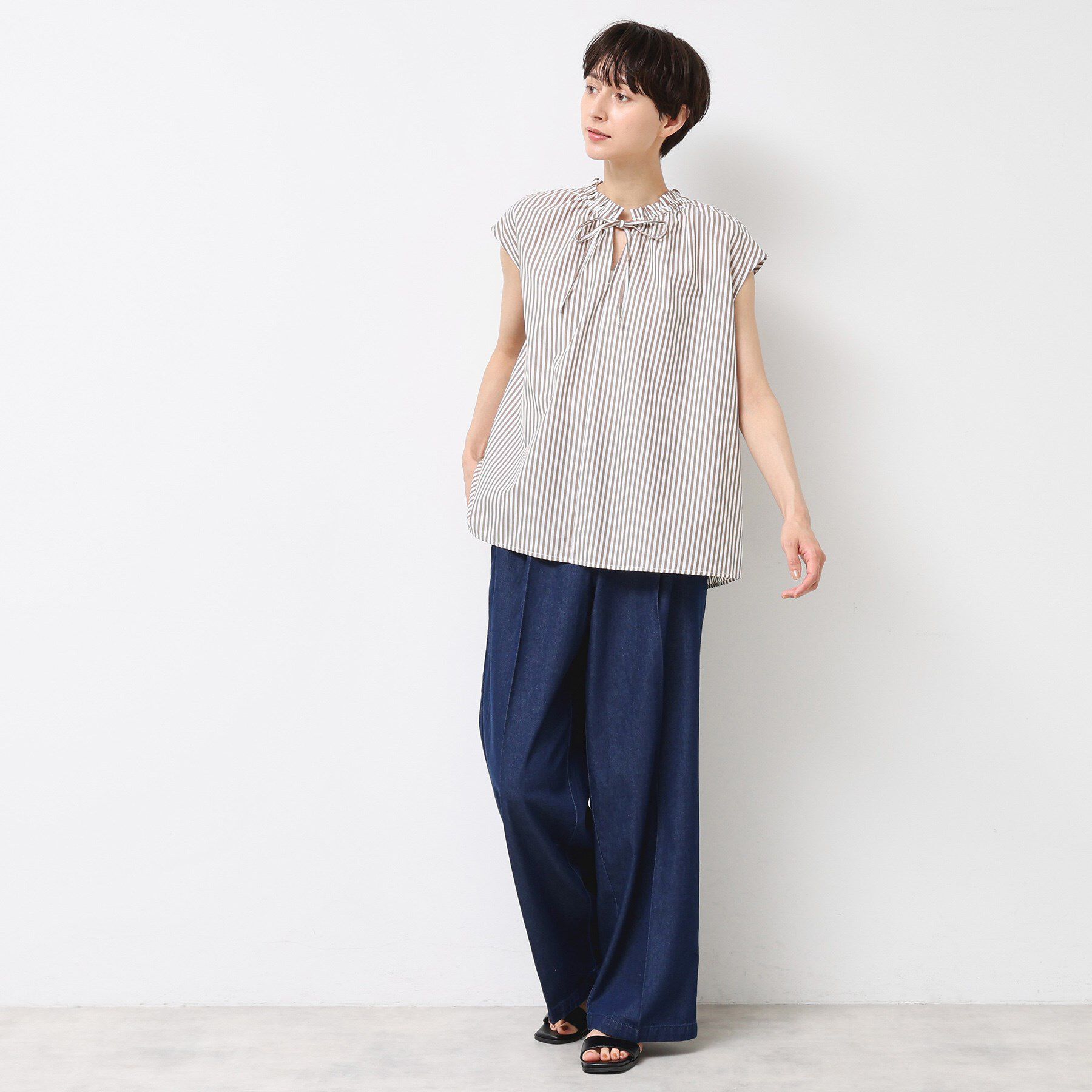 Dessin「【洗える】ストライプ柄フレンチスリーブスキッパ―ブラウス」|シャツ・ブラウス|