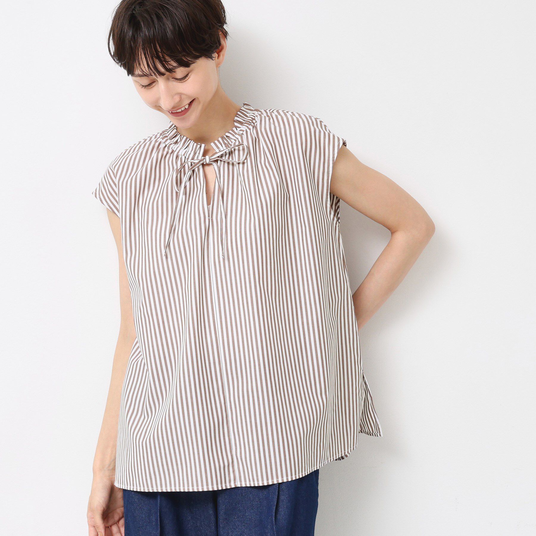 Dessin「【洗える】ストライプ柄フレンチスリーブスキッパ―ブラウス」|シャツ・ブラウス|ブラウン(345)