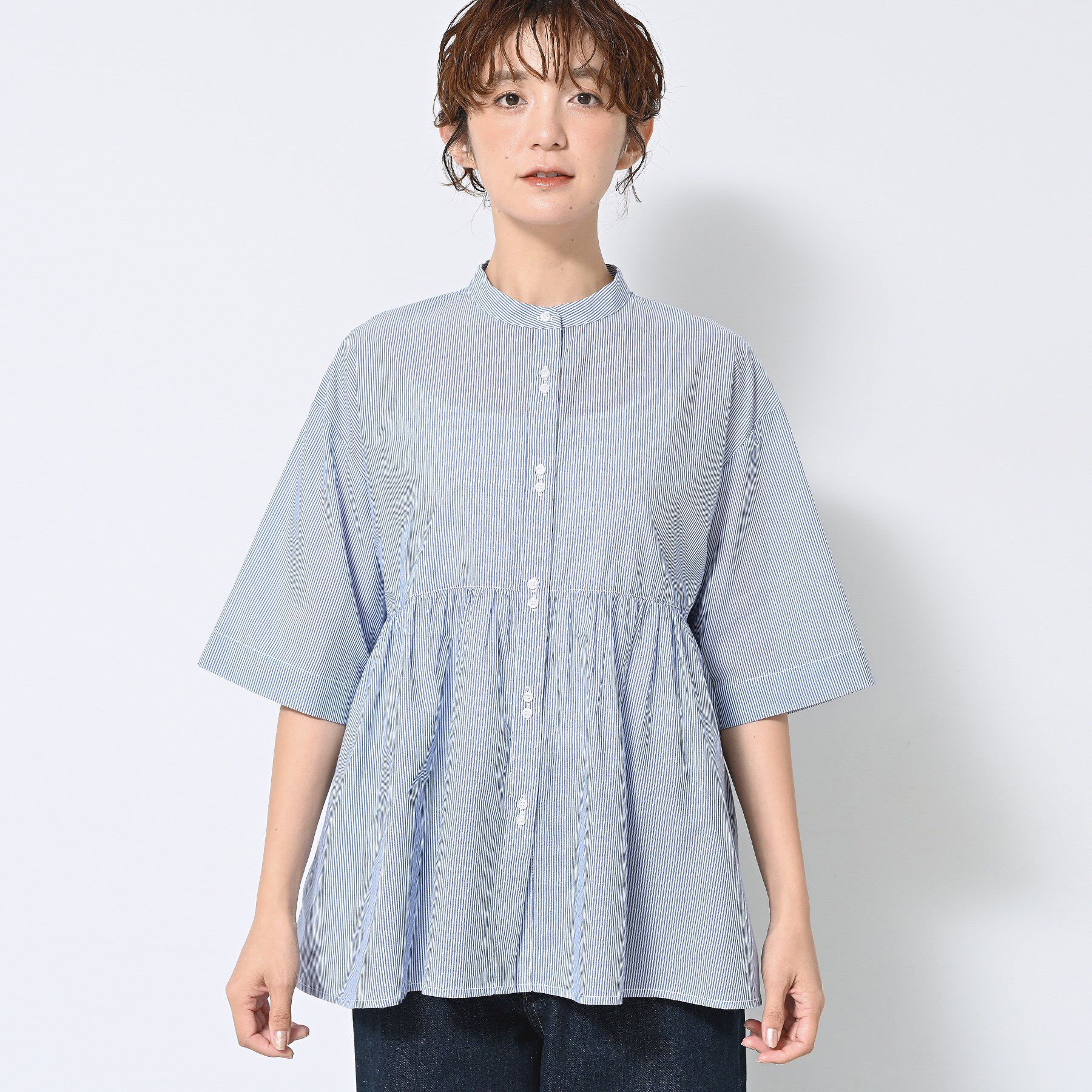 Dessin「【洗える／体型カバー】バンドカラーペプラムブラウス」|シャツ・ブラウス|