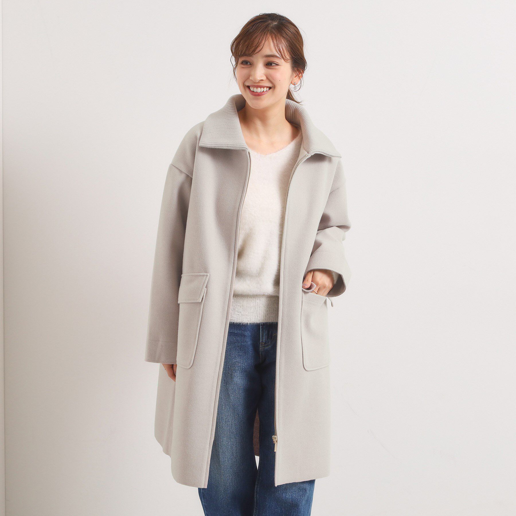 ITS&rsquo;DEMO「裏リブ襟付きコート」|ステンカラーコート|ライトベージュ(05