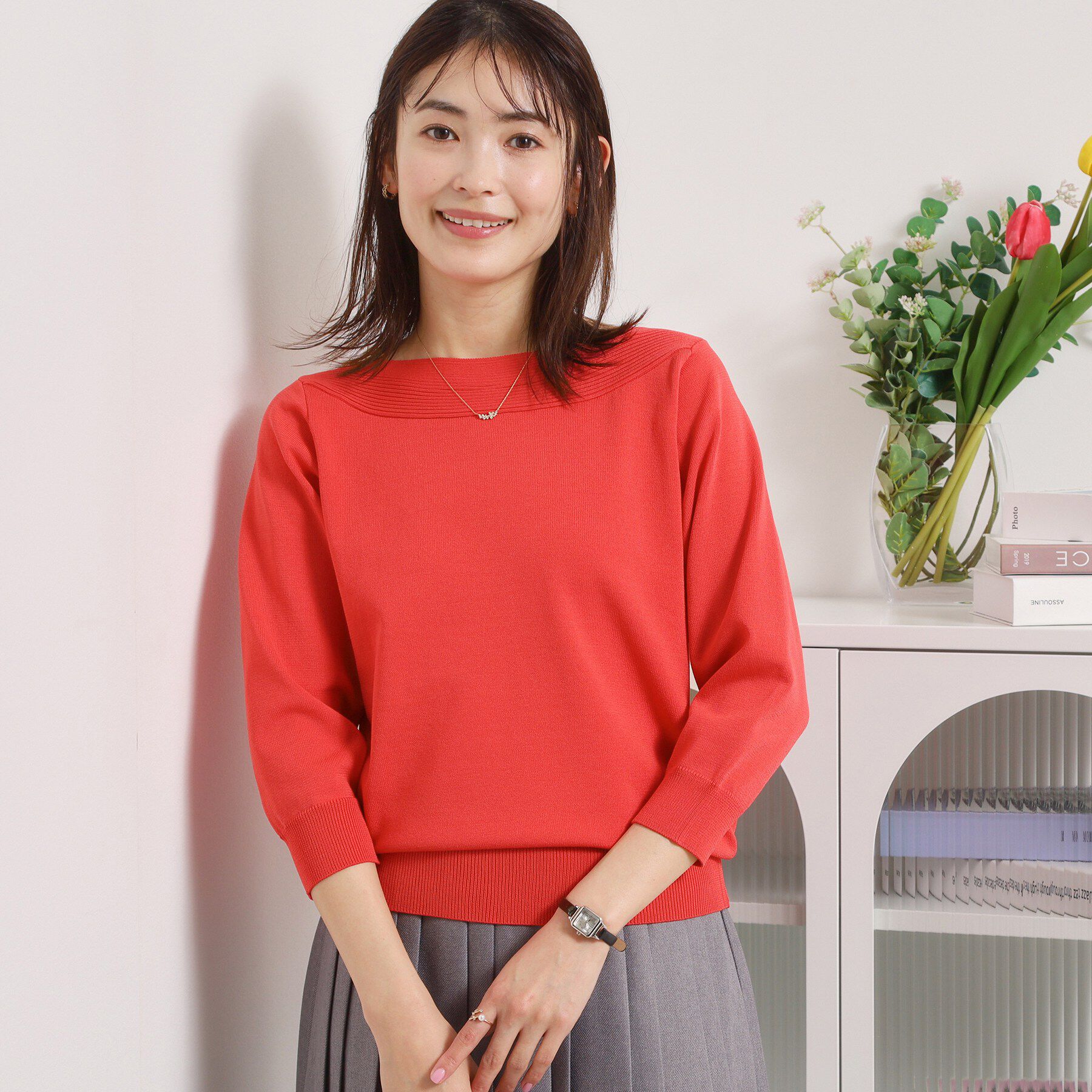 ITS&rsquo;DEMO「【縮みに強い／毛玉防止／洗濯機OK】タフニット 襟ぐり編地切替ニットプルオーバー」|ニット・セーター|レッド(062)