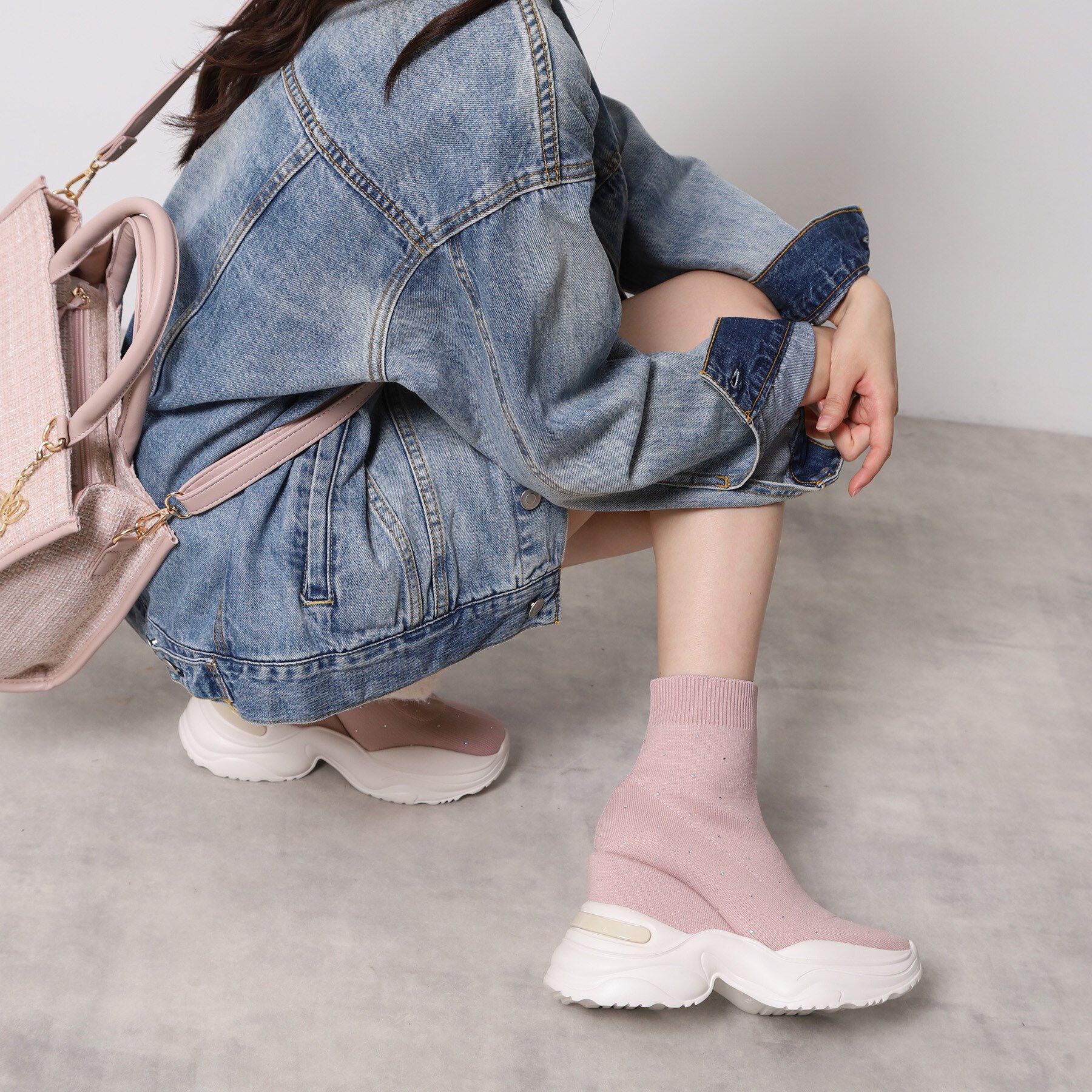 ESPERANZA「【EC先行販売】スニーカーソールラインストーンニットブーツ」|ショートブーツ|ピンク(372)