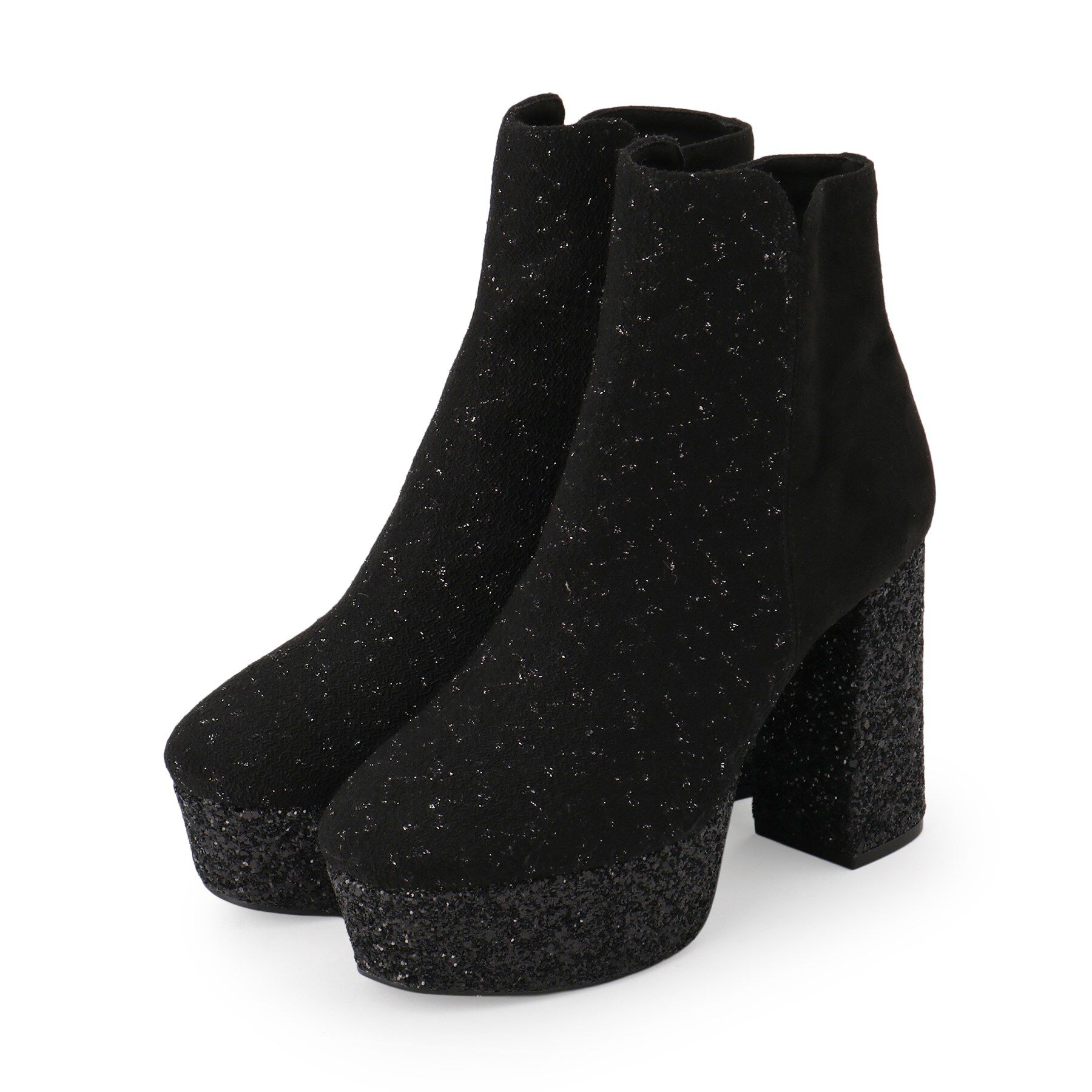 ESPERANZA「【ラク盛り/ショートブーツ】リピーター続出／脚長美脚 バックリボングリッターヒールショートブーツ」|ショートブーツ|