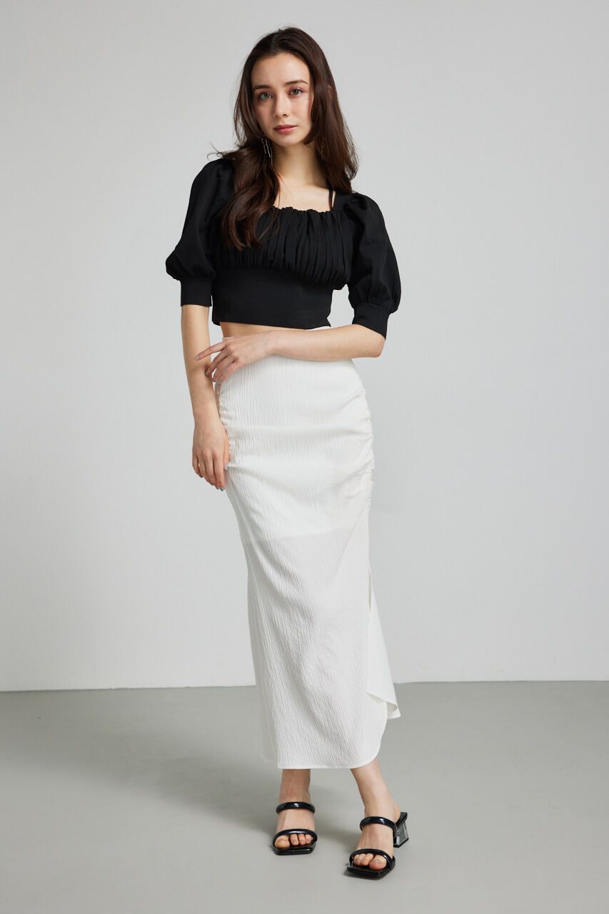 rienda「バストギャザークロップハーフSLV Knit TOP」|ニット・セーター|