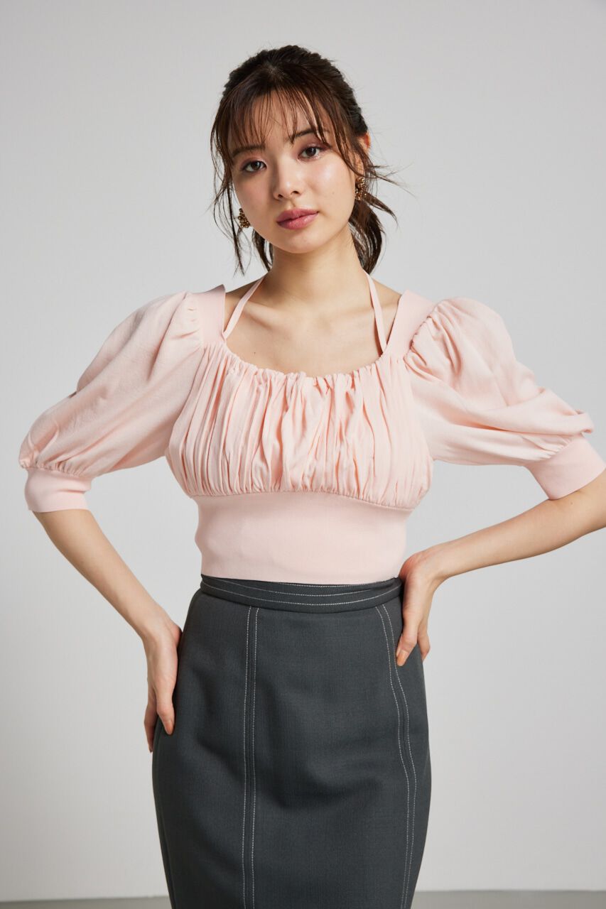 rienda「バストギャザークロップハーフSLV Knit TOP」|ニット・セーター|