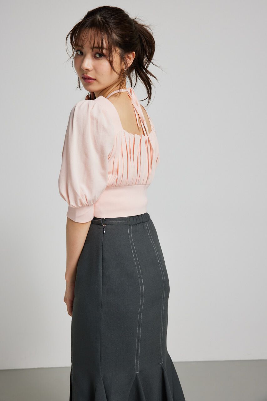 rienda「バストギャザークロップハーフSLV Knit TOP」|ニット・セーター|