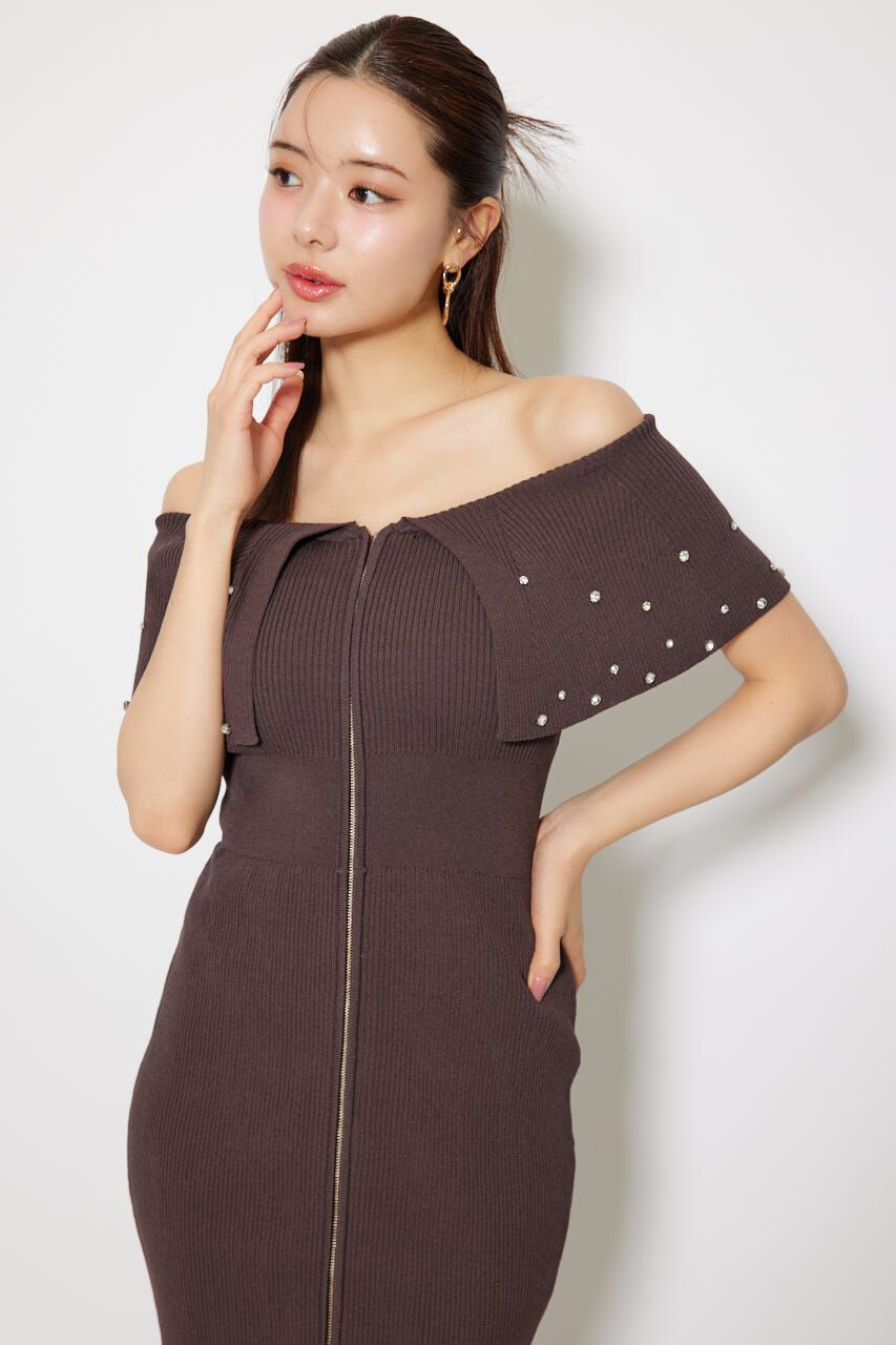 rienda「2WAYオフショルビジューカラーハーフスリーブニットワンピース」|ワンピース|