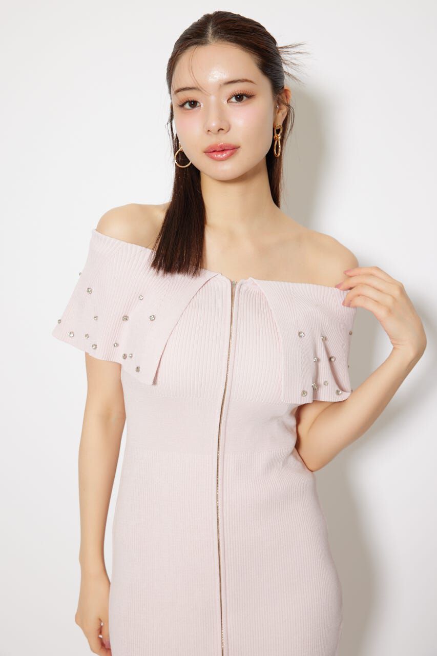 rienda「2WAYオフショルビジューカラーハーフスリーブニットワンピース」|ワンピース|