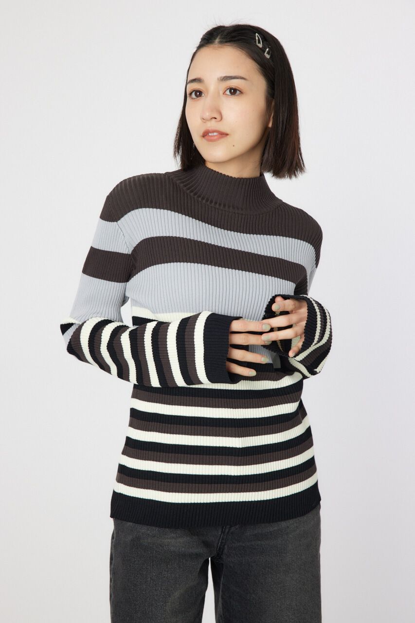 RODEO CROWNS「マルチボーダーハイネックトップス」|ニット・セーター|柄GRY5